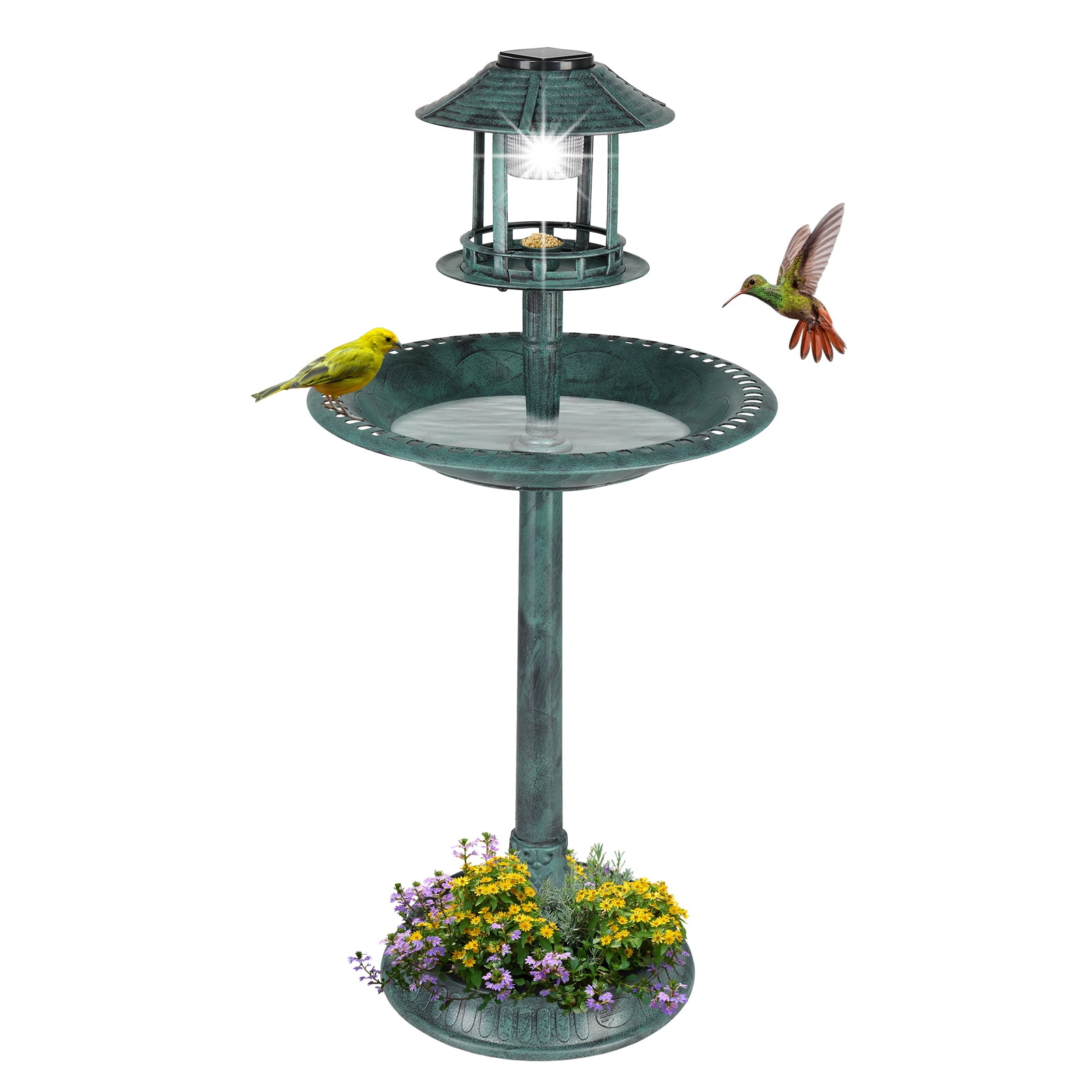 Bestcore Solar Birdbath 20.08-in x 20.08-in x 42.13-in Freestanding Bird Bath with Solar Light Weather Resistant PP Garden Birdbath Dark Green