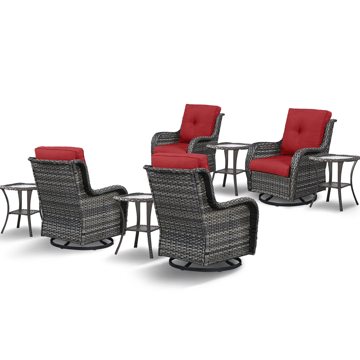 Rilyson FS036X2026X2-5 Curved handrail Set of 4 Wicker Brown Wicker Frame Swivel glider Rocking Chair with Red Red Cushioned Seat
