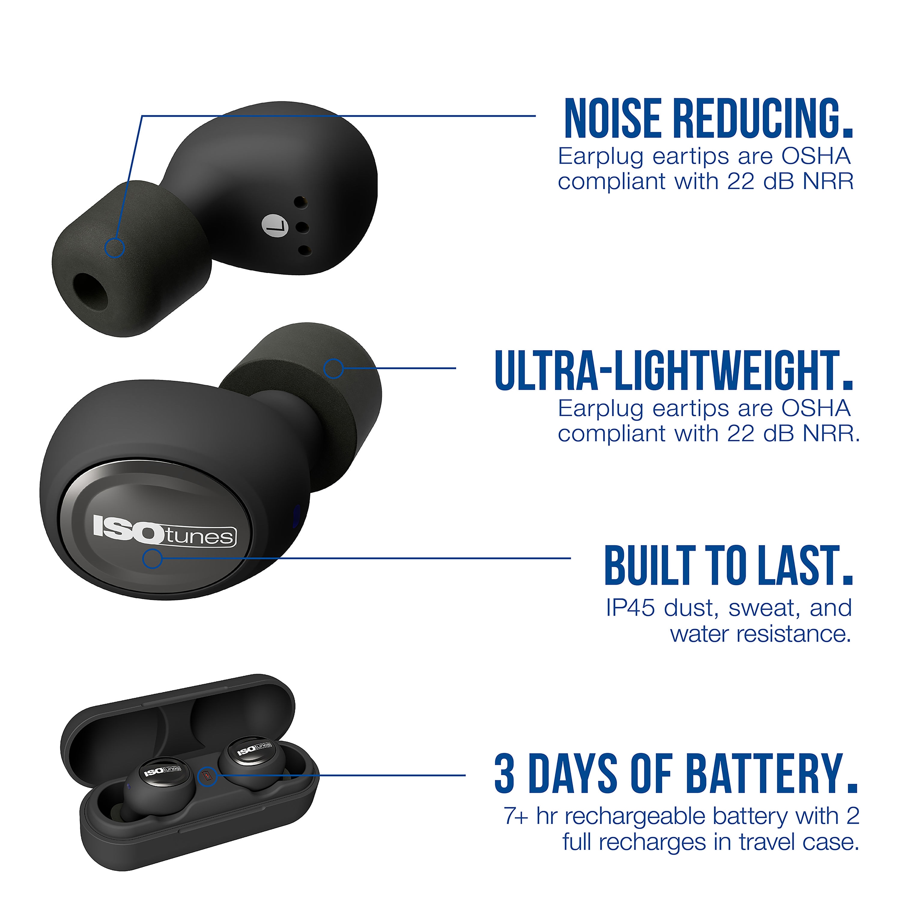 Noise Cancelling Mic Noir Mat ISOtunes Free Earplug écouteurs sans Fils Bluetooth 22 DB Note de réduction du Bruit 7+ Heures de Batterie 