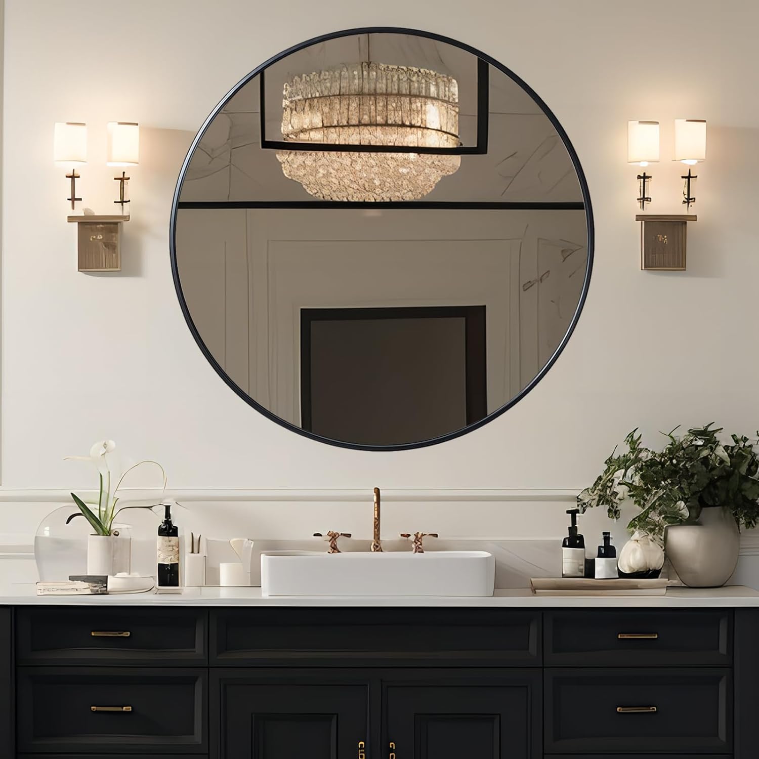 Iseryn 39-in W x 39-in H Irregular Black Framed Vanity Mirror in the ...