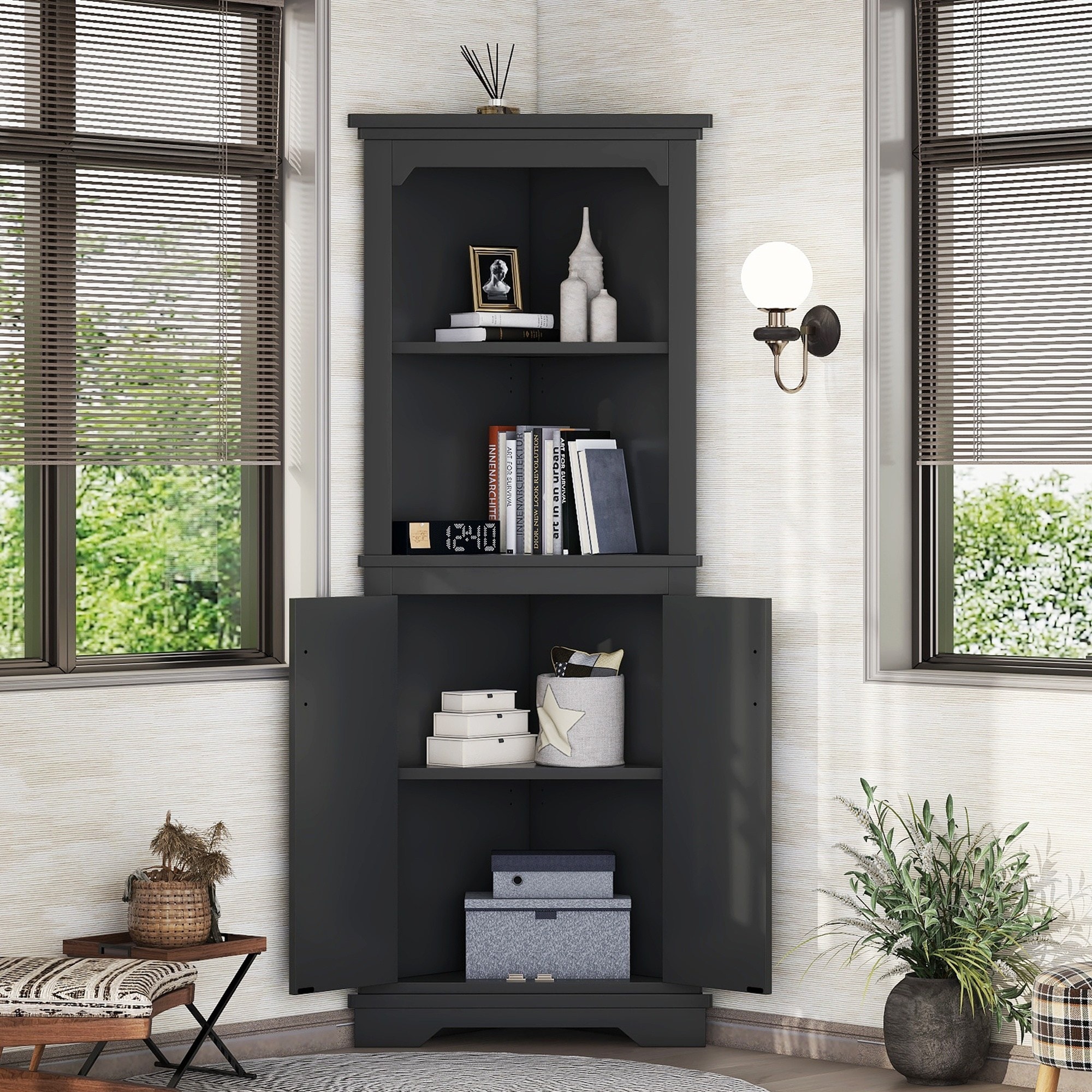 Horizons Prime - 28 inch x 15 inch x 69 inch Black MDF and Particle Board Tall Corner Cabinet wit...
