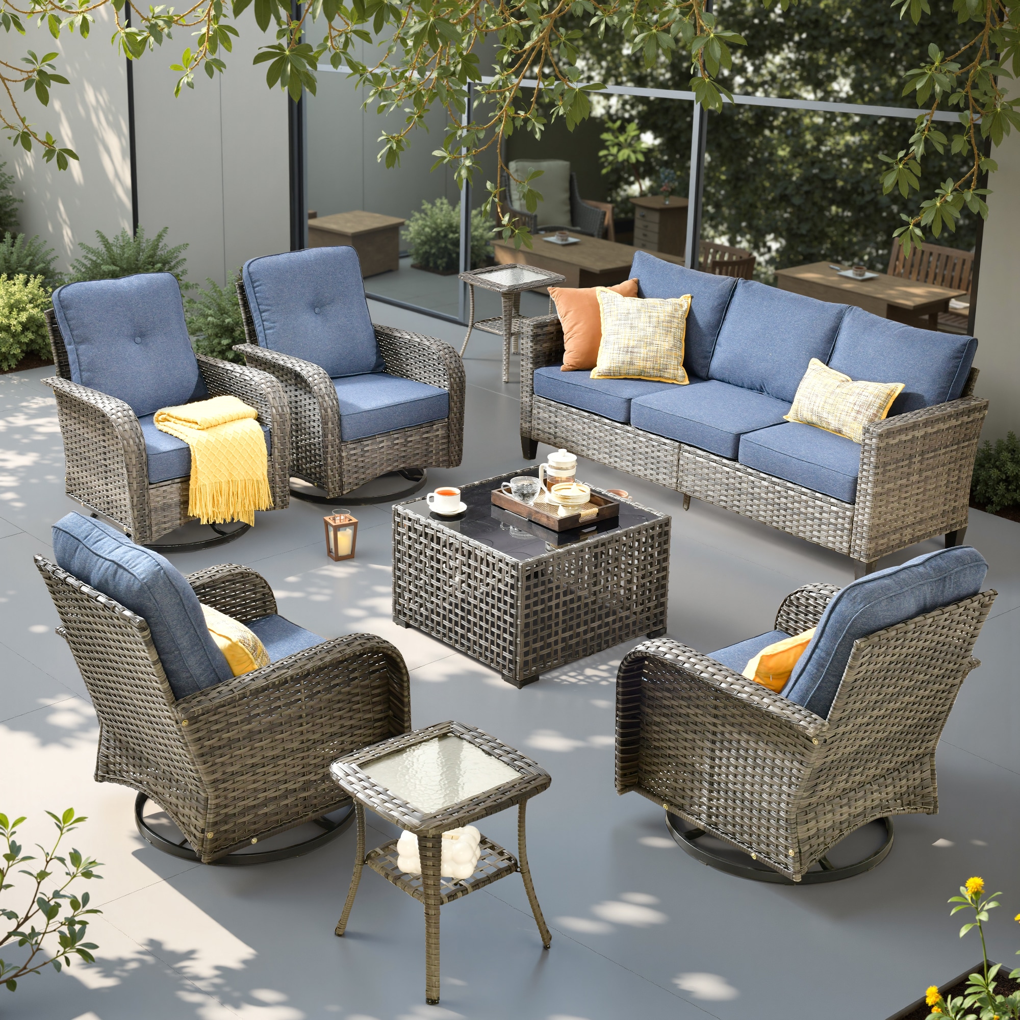weaxty HMBYZGNCNGRS308S1 Initial 8 -Piece Wicker Patio Sofa Conversation Set with Blue Cushions