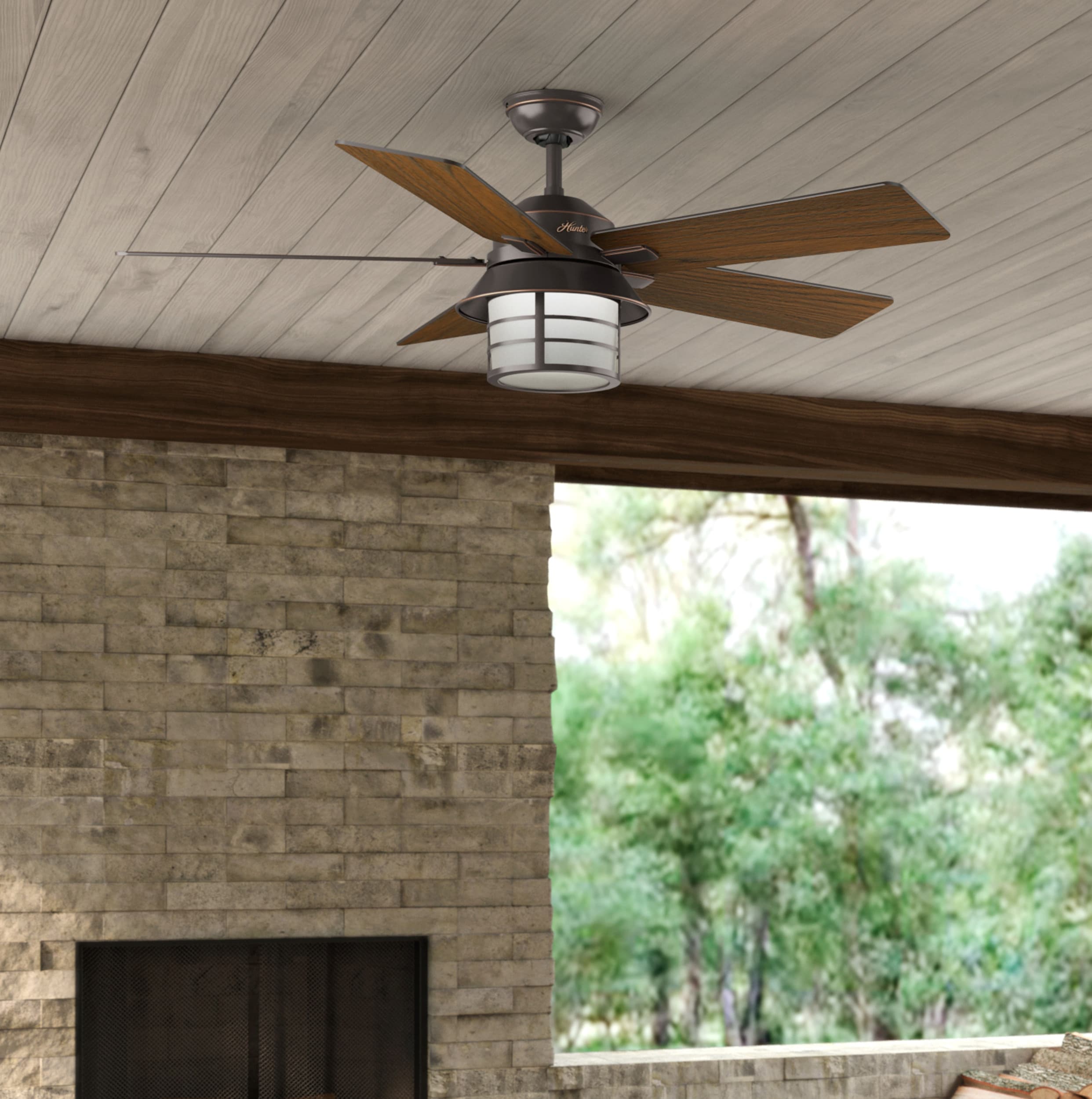 Hunter Lantern Bay 54-in Matte Black LED Indoor/Outdoor Ceiling Fan with Remote (5-Blade)