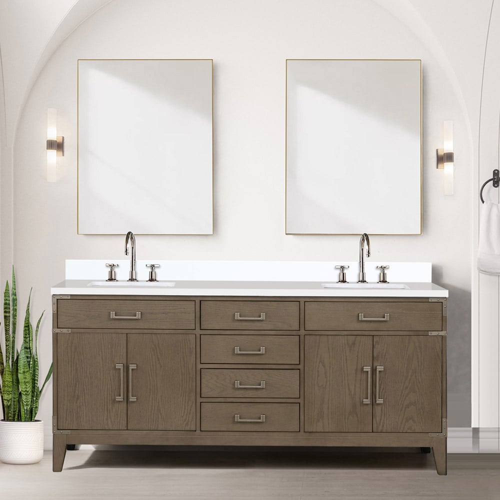 Lexora LVW72DR211 Wilton 72-in Grey Oak Undermount Double Sink Bathroom Vanity with White Quartz Top (Mirror and Faucet Included)