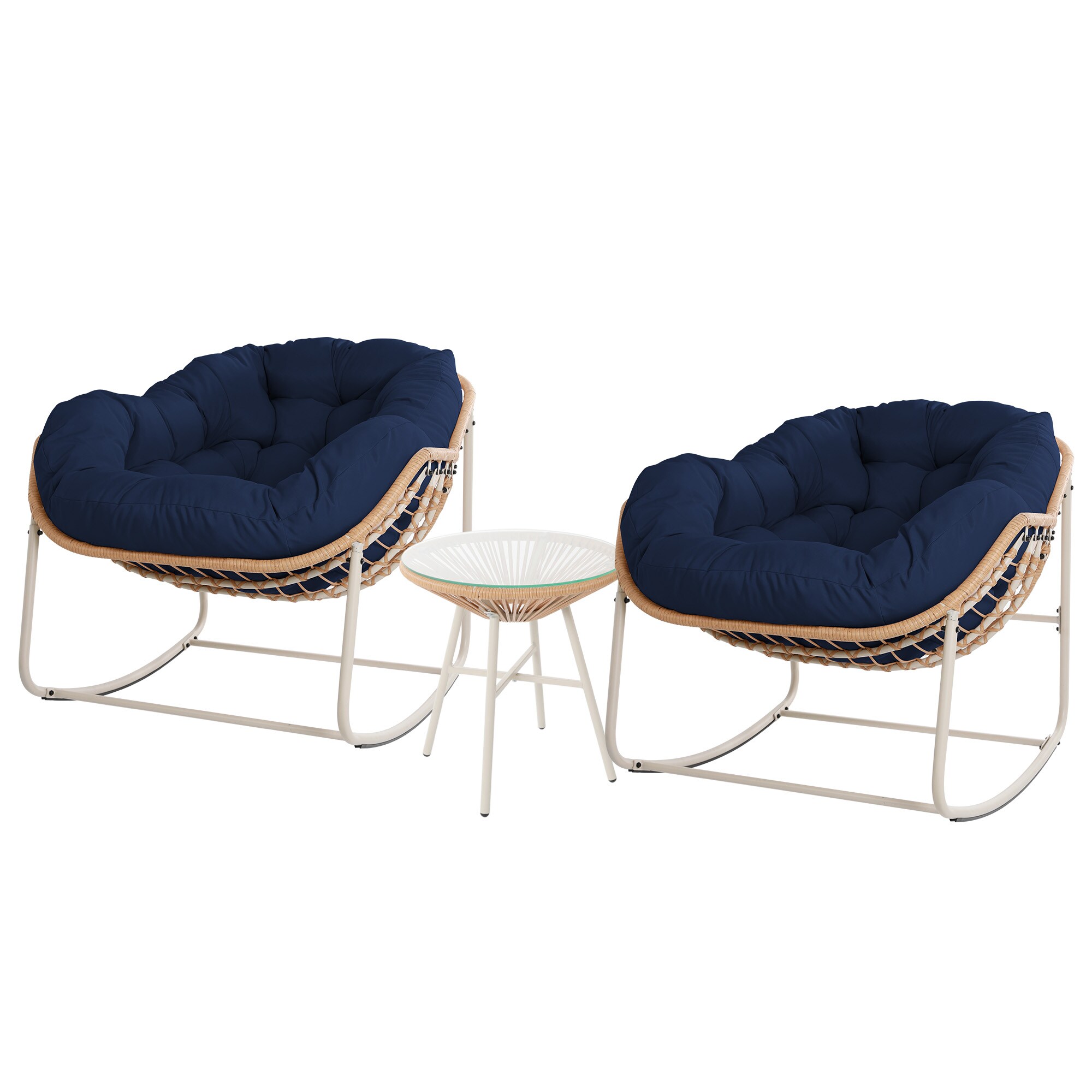 UPHA Y5BE-2AC-NAVYBLUE Rocking Chair Set of 2 Wicker Beige Wicker Frame Conversation Chair with Navy Cushioned Seat