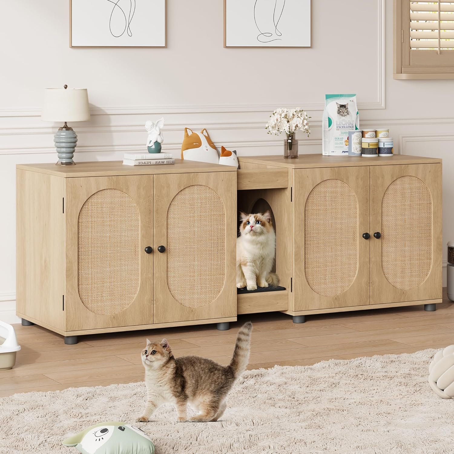 Garvee Cat Litter Box Enclosure 55.1in Double Litter Box Furniture Large Cat Box Enclosure Kitty Litter Box for 2 Cats Hidden Cat Litter Cabinet Double Cage with Cat Litter pad Rattan Door