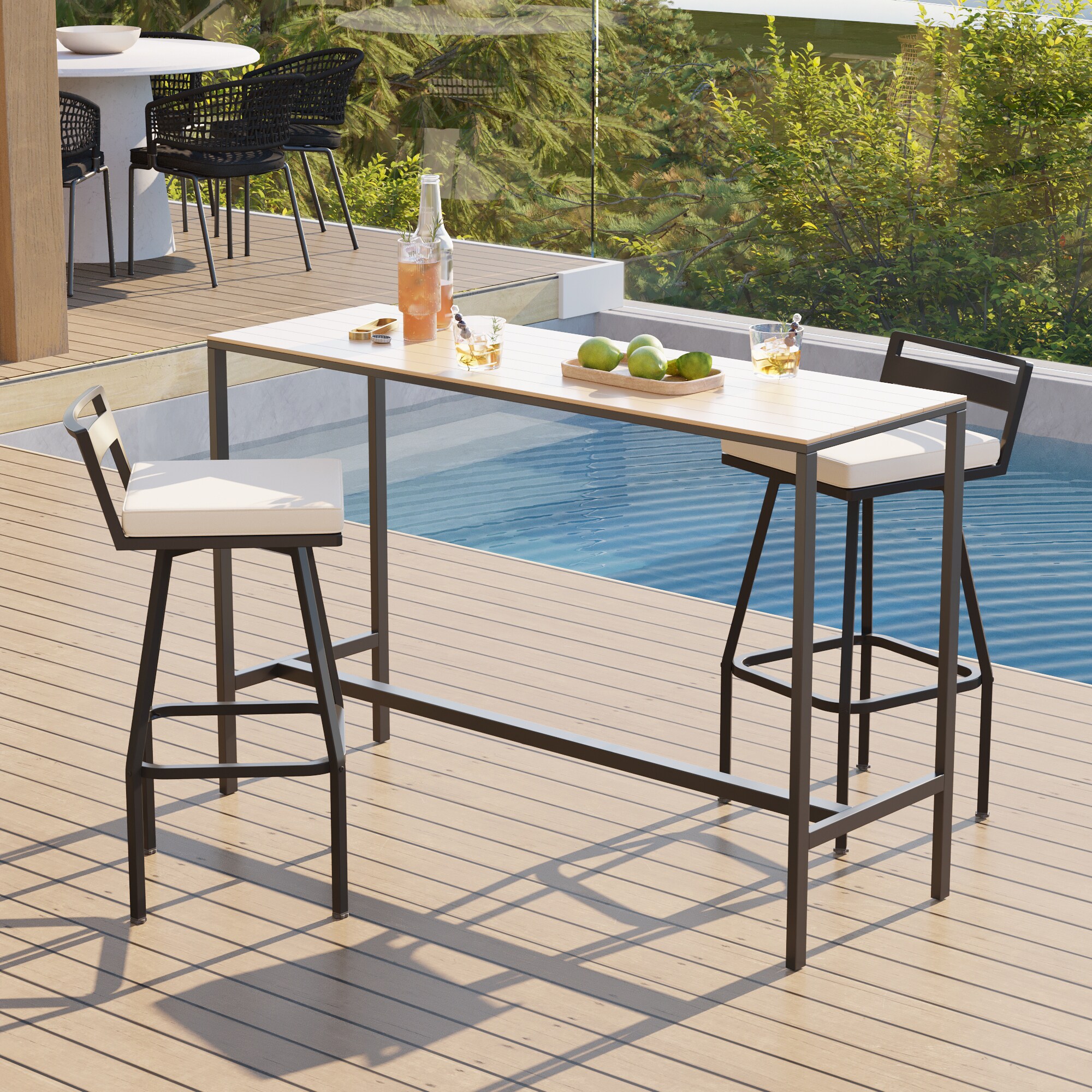 FUFU&GAGA LJY-JX0019-01 Outdoor Low Back Swivel Bar Stools with Cushion Set of 2 Black Steel Frame Swivel Conversation Chair with Black Cushioned Seat