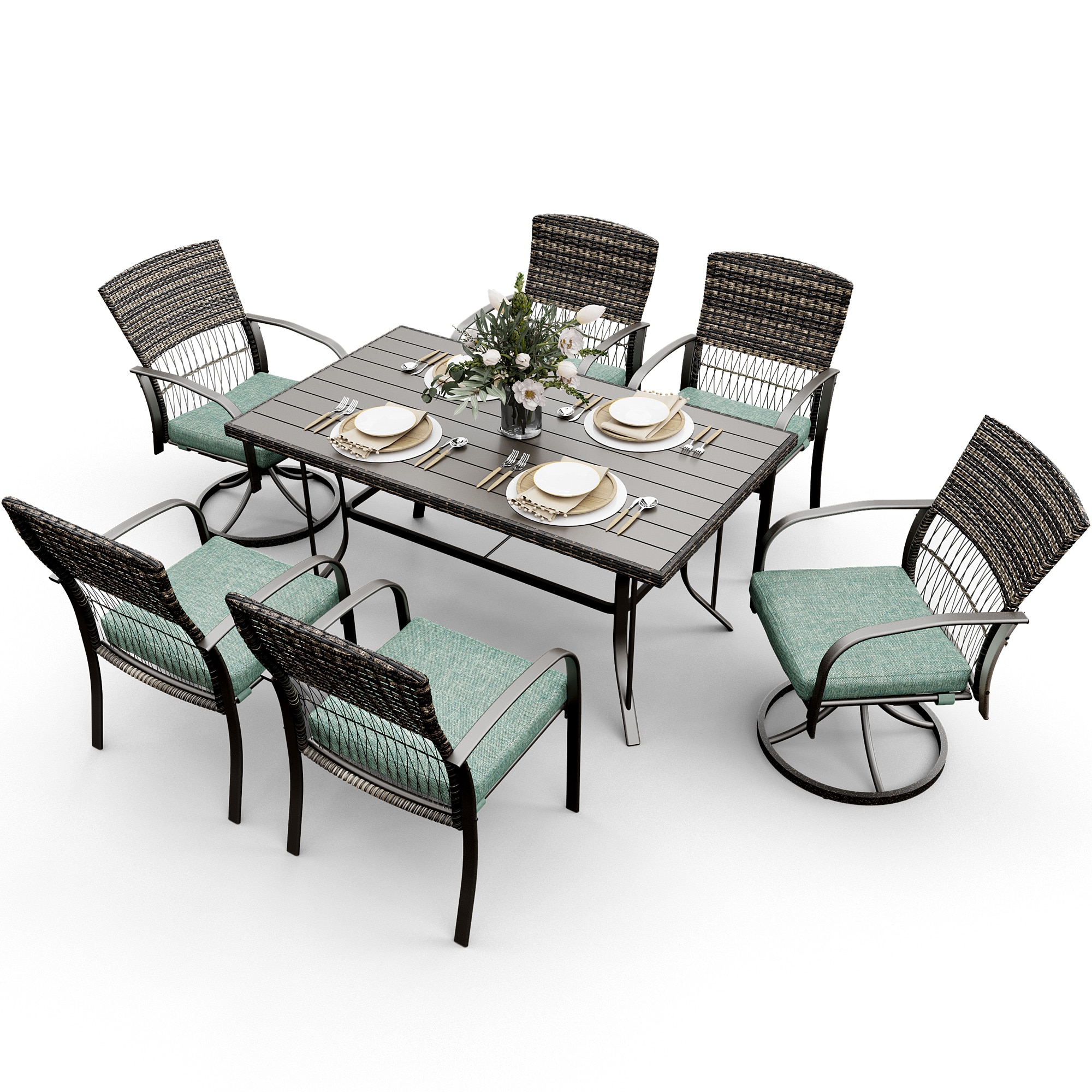 PamaPic TB-CZ-PTZY-7JT-L-WL1 7 -Piece Black Rattan Patio Dining Set Iron Rectangle Table with 6 Green Cushions Swivel Chairs