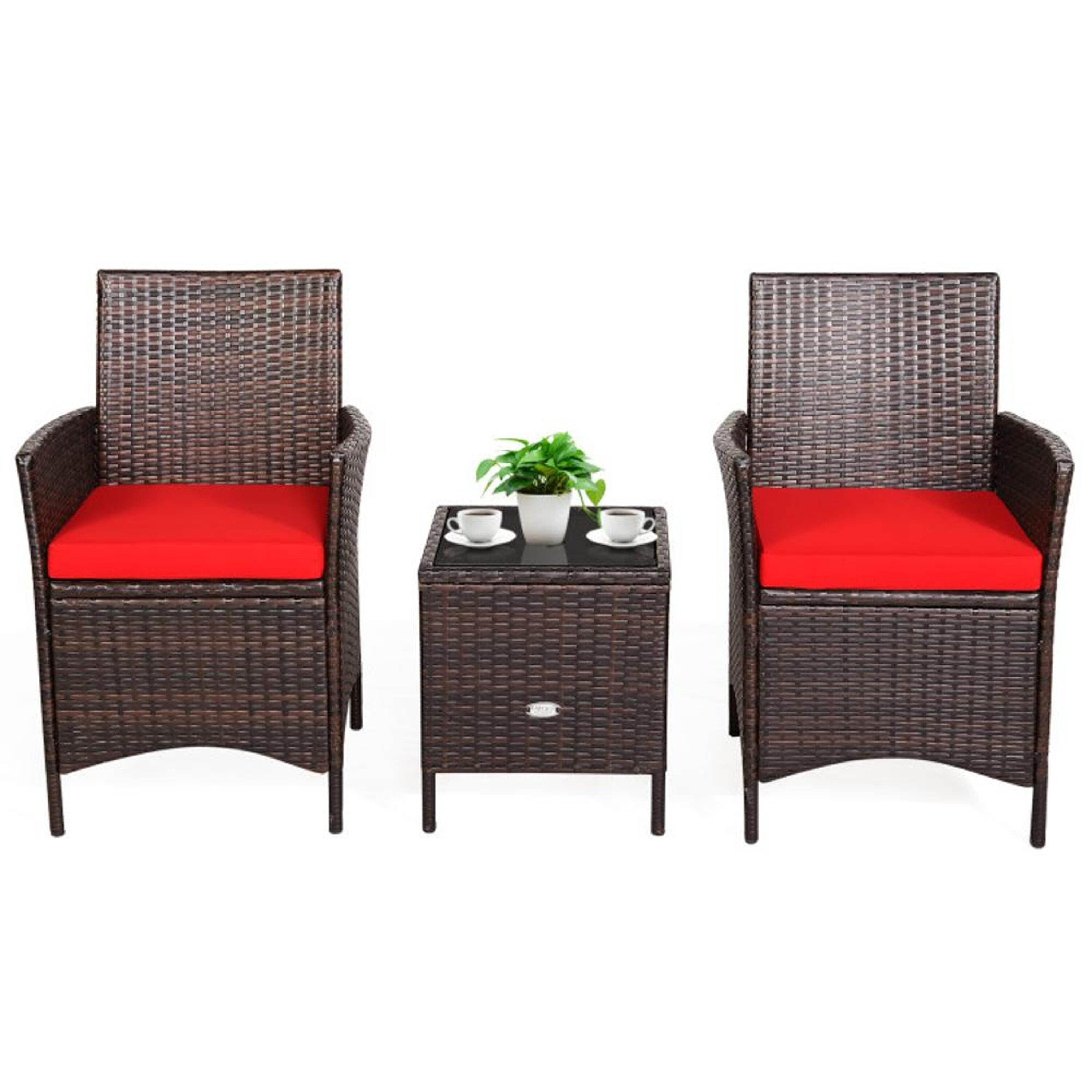 BABOOM BOM-67050RE-CO Patio Furniture Set 3 -Piece Rattan Patio Conversation Set with Red Cushions