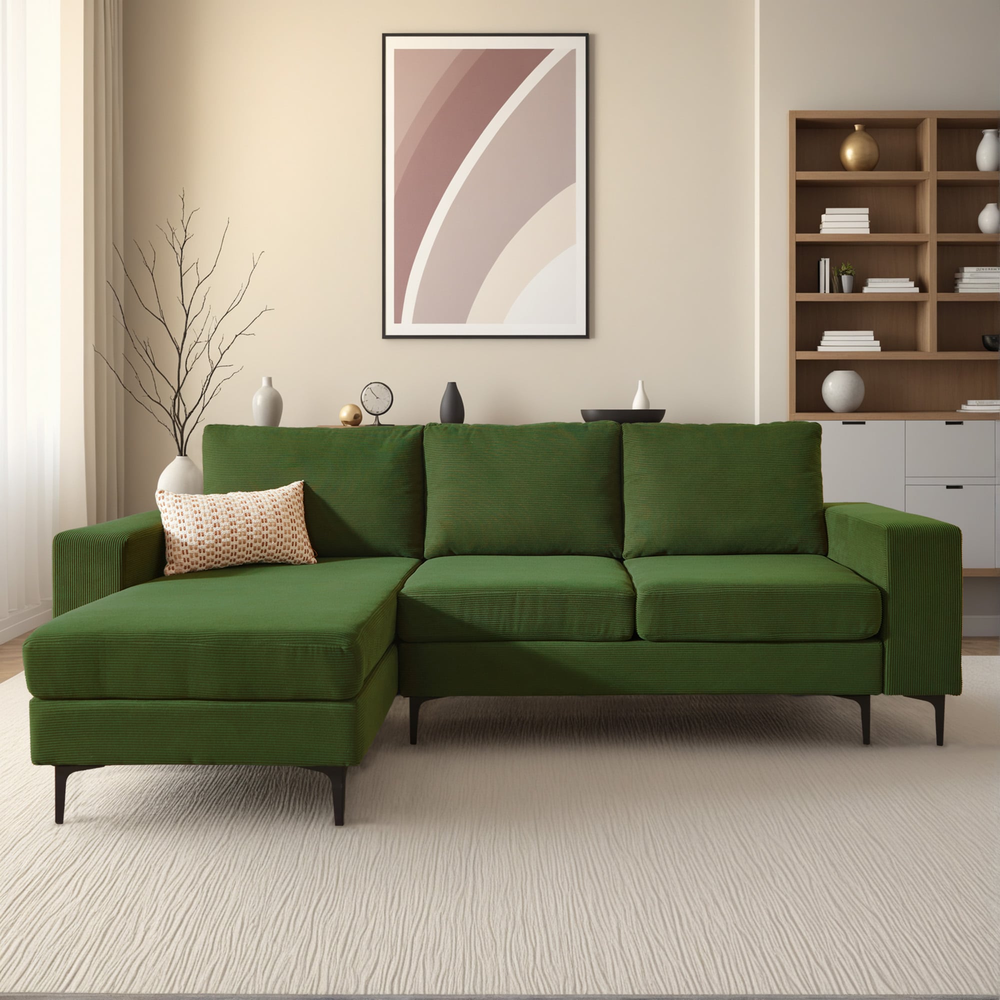 ALTRIGUS 6L-COCOL660-AL 97-Inches Modern Left Chaise Corduroy Green 3 -seater Sofa