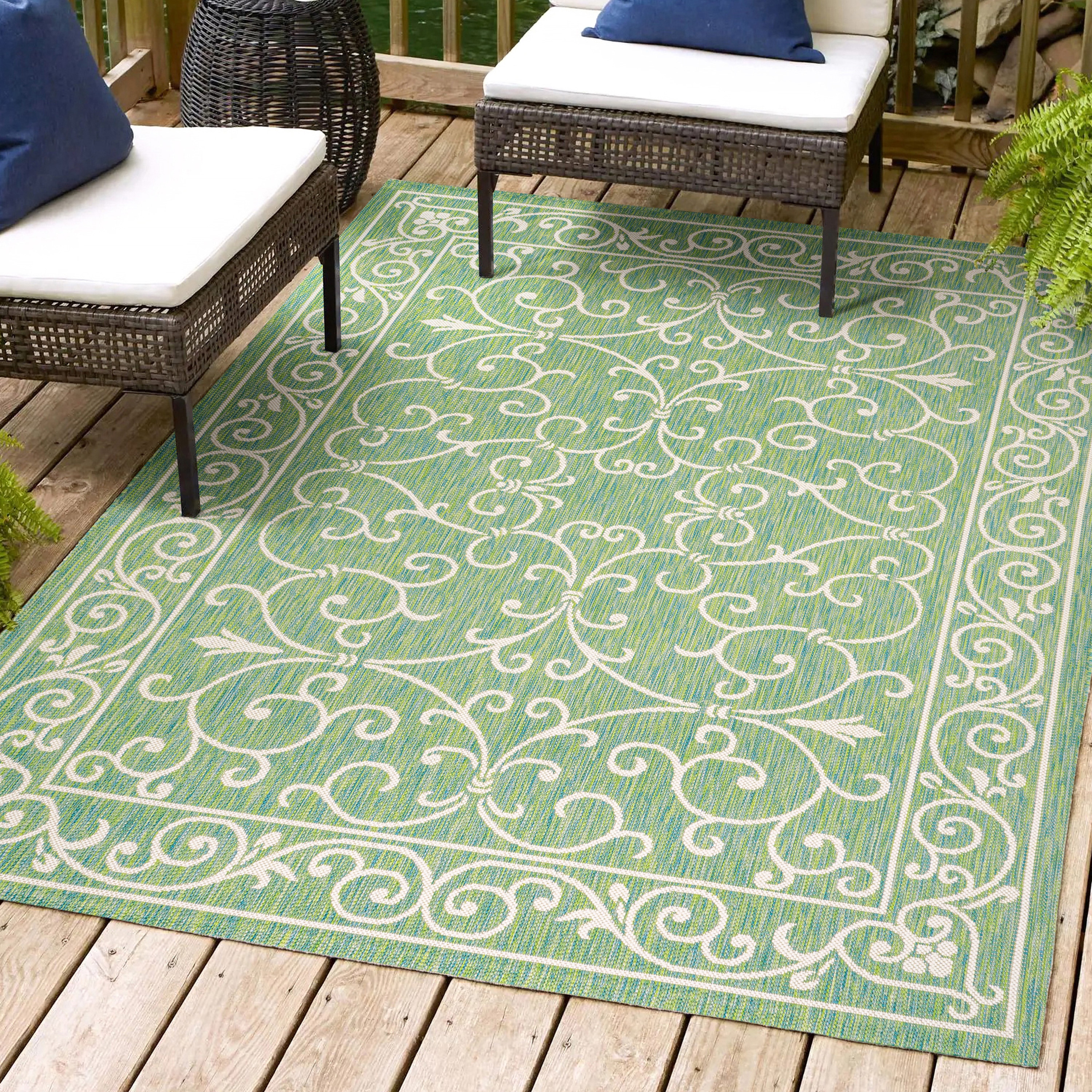 JONATHAN  Y SMB106K-5 Santa Monica Charleston Filigree Textured Weave 5 x 8 (ft) Loomed Polypropylene Green/Ivory Rectangular Indoor/Outdoor Geometric French Country Area rug