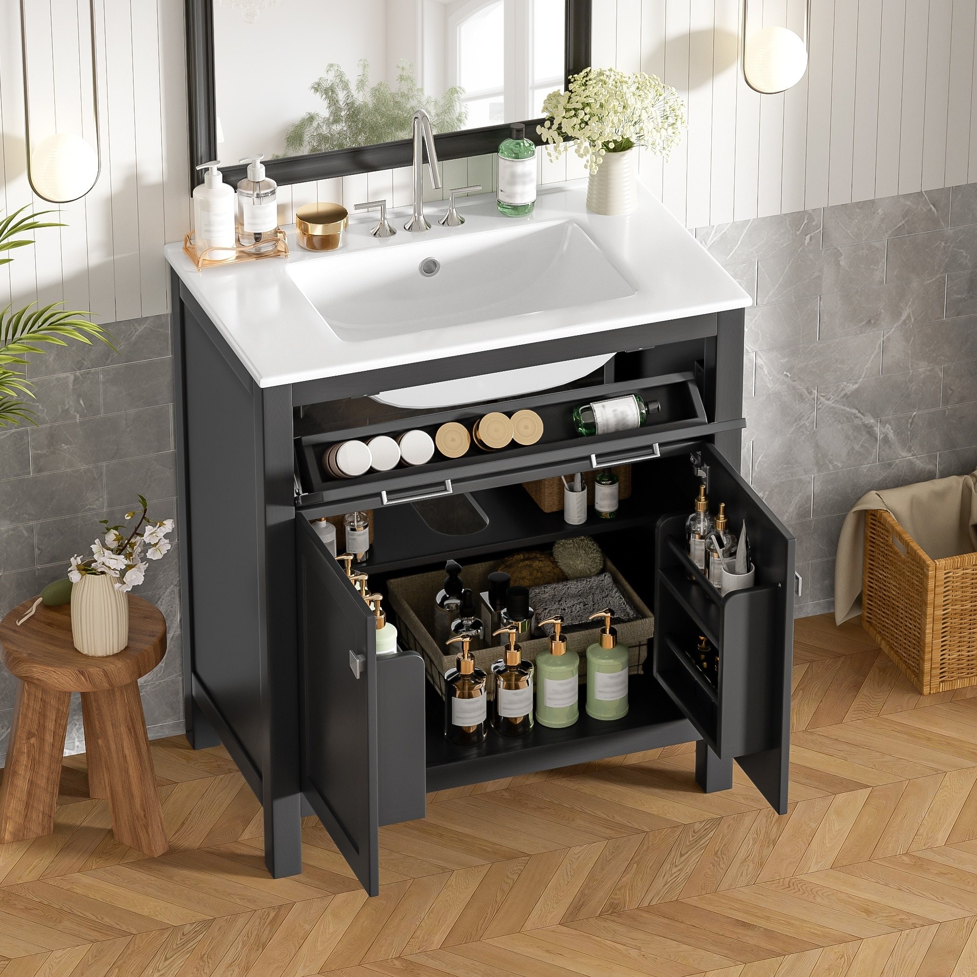 IAK 30 inch Black Solid Wood and MDF Bathroom Vanity with Ceramic Sink and Soft Close Doors