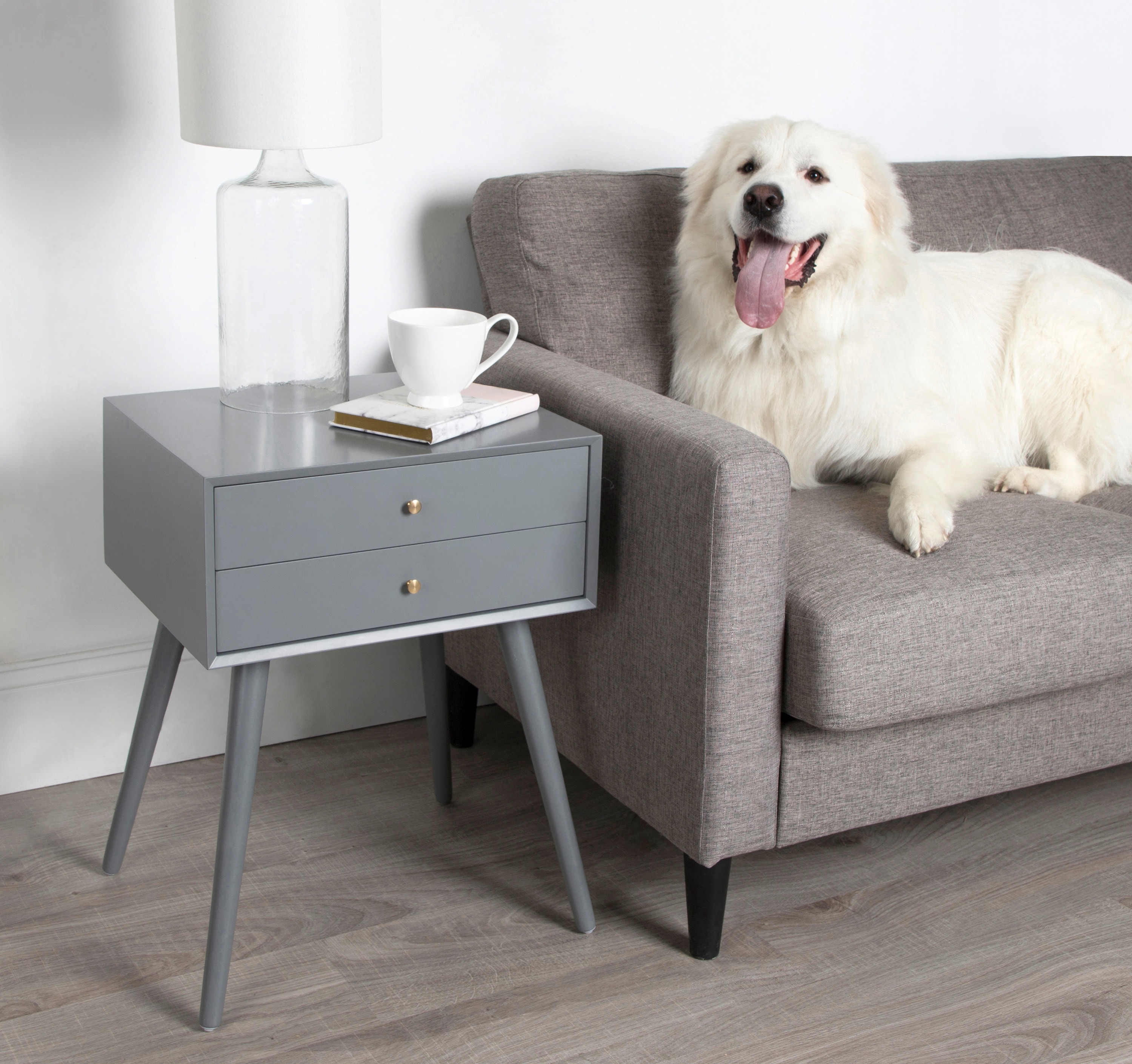 Gray Wooden Midcentury Modern Side Table with Storage Drawers