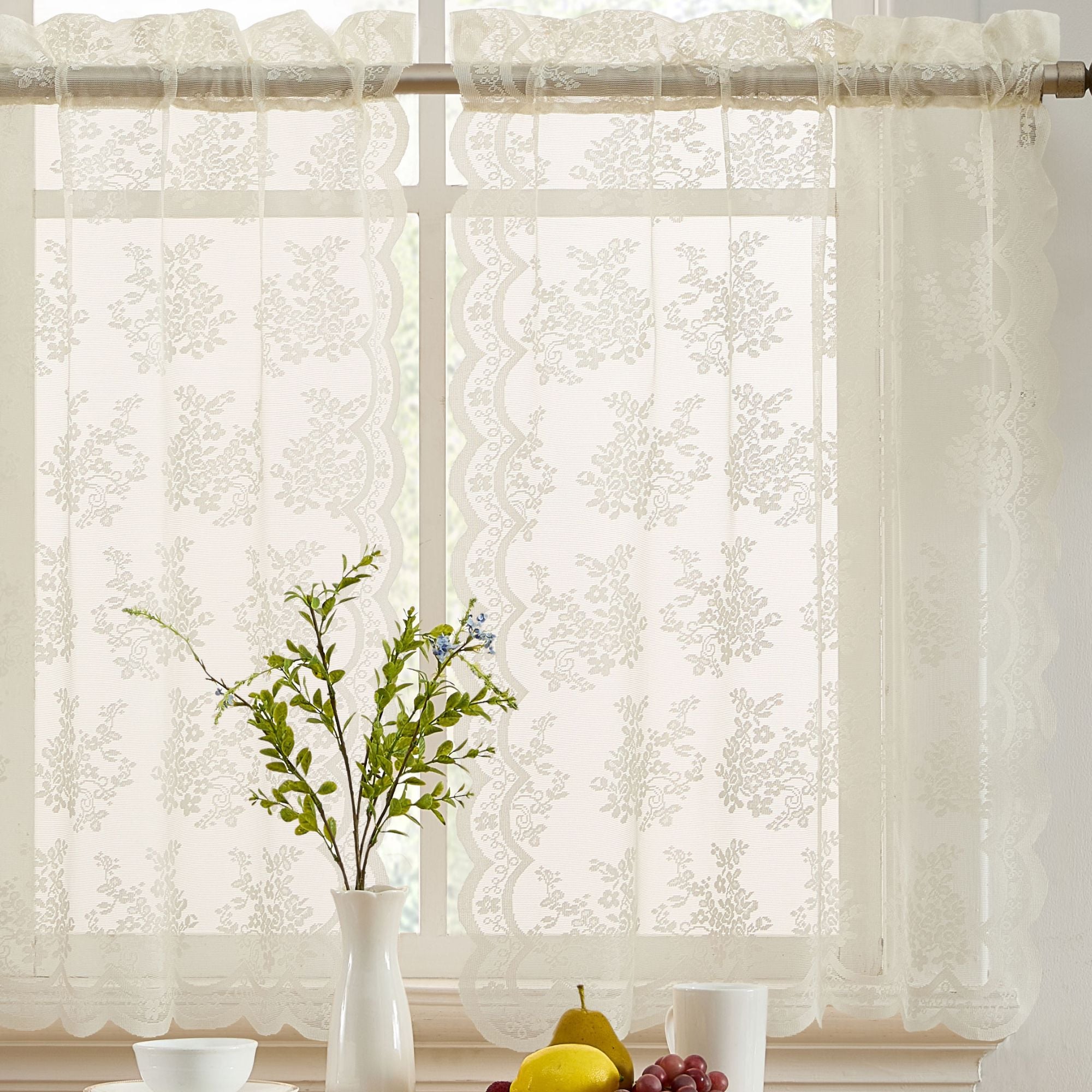 HLC.me JLN-24-IVRY Jolene Floral Rod Pocket Lace Sheer Short Cafe Tiers Small Windows - Set of 2