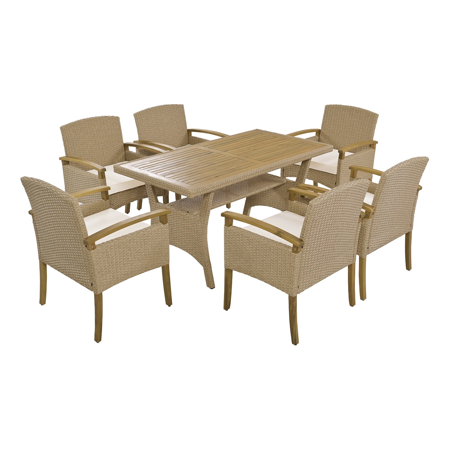 Bybafun YA0200080 7 -Piece Brown Rattan Balcony Height Patio Dining Set Rattan Rectangle Table with 6 Tan Cushions Stationary Chairs