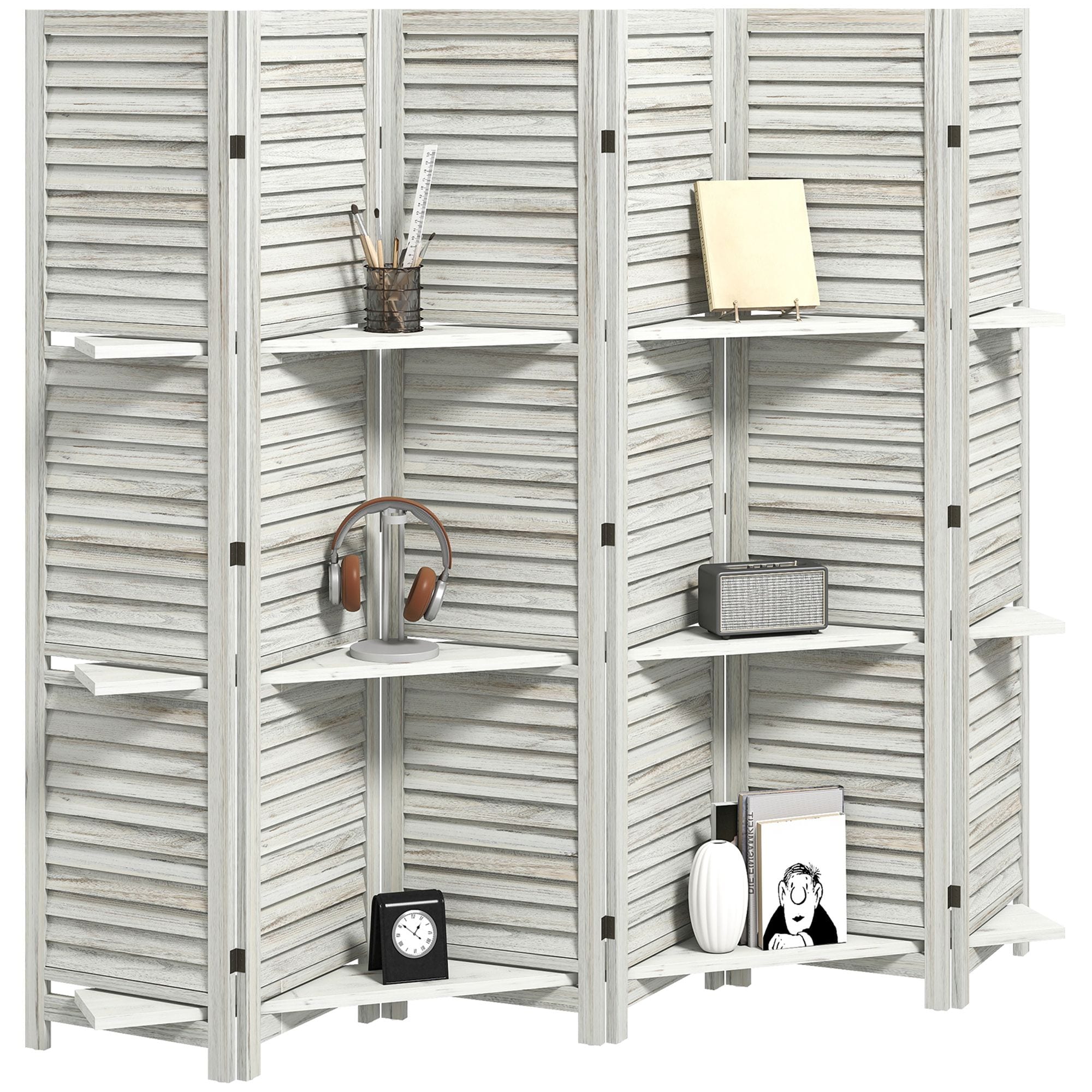 JUSHUA - 6 panel 67 inches tall wood privacy screen room divider with 3 shelves and folding stora...