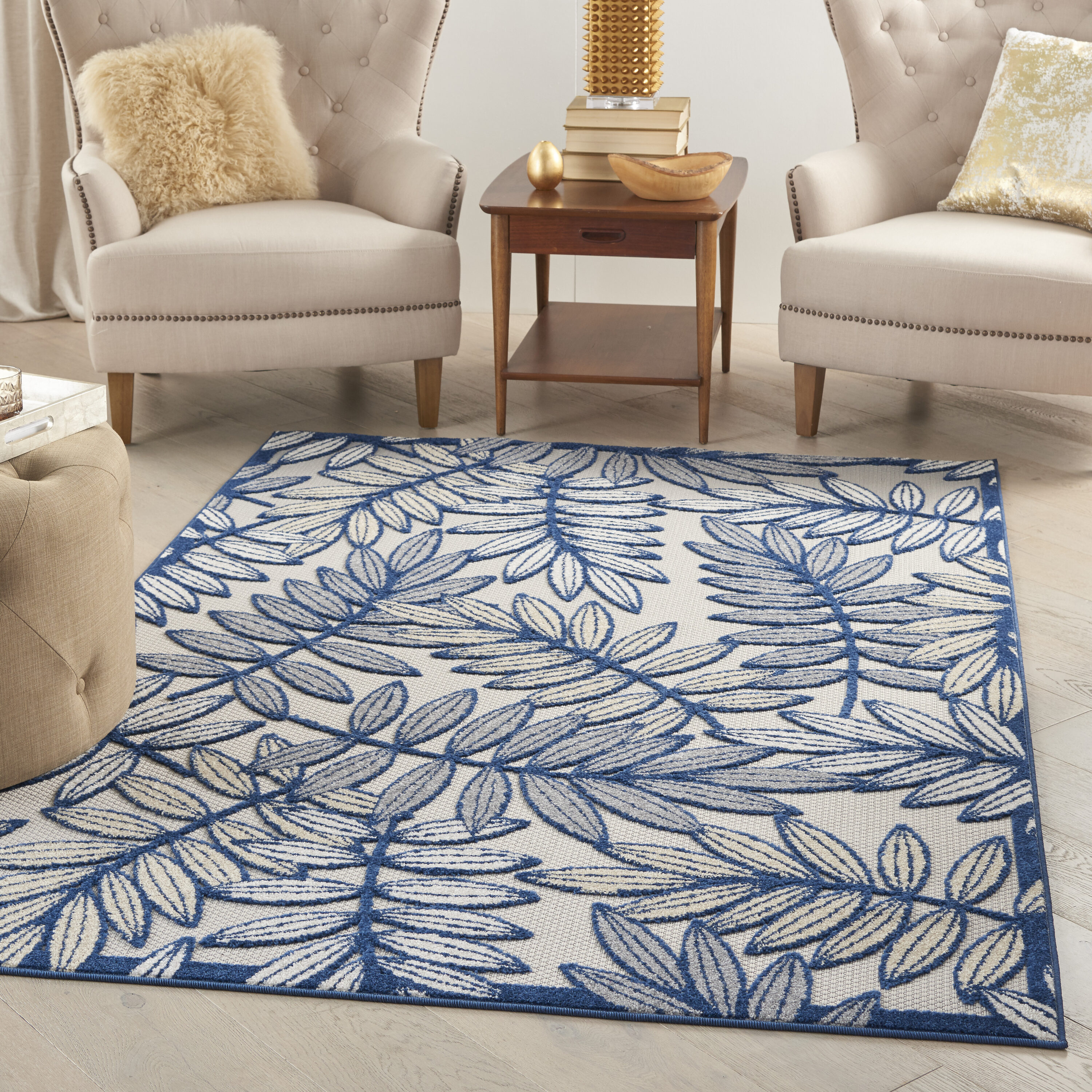 Nourison 99446827746 Aloha 4 x 6 (ft) Loomed Polypropylene Ivory/Navy Rectangular Indoor/Outdoor Floral/Botanical Tropical Area rug
