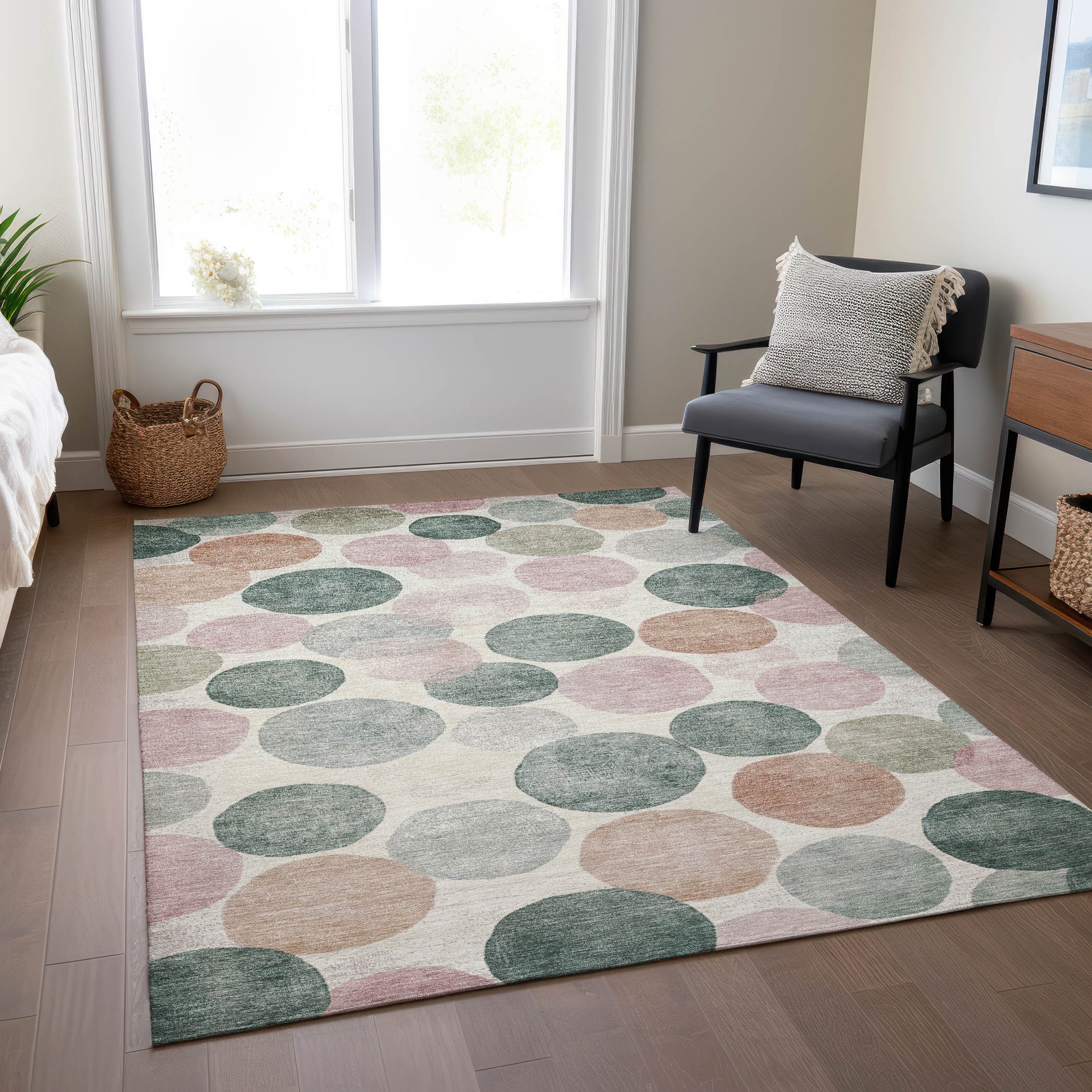 Salmon and Green Synthetic Rectangular Washable Area Rug