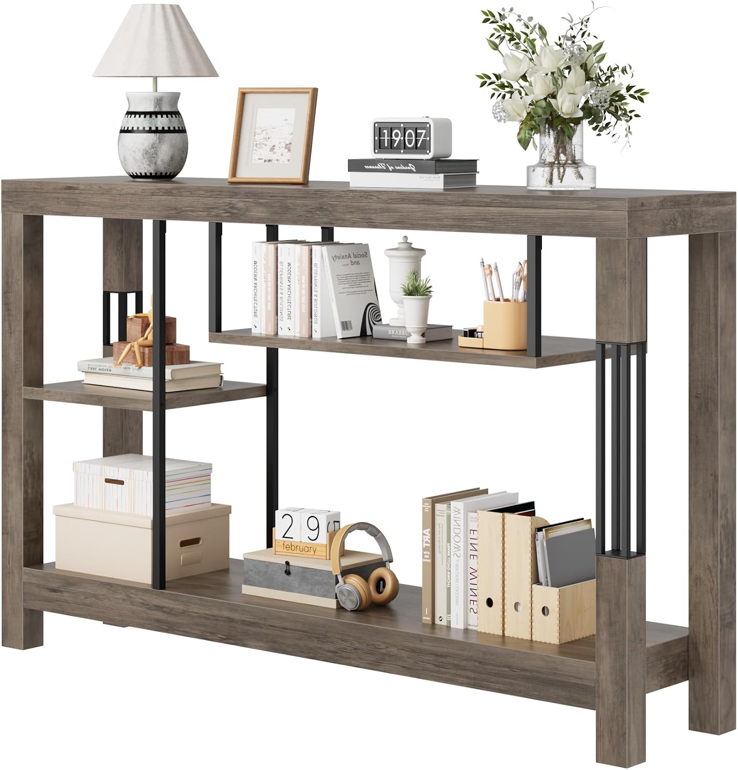 GAOMON 47-in W Narrow Console Table with Storage Shelves Industrial Farmhouse Wood Sofa Table Grey