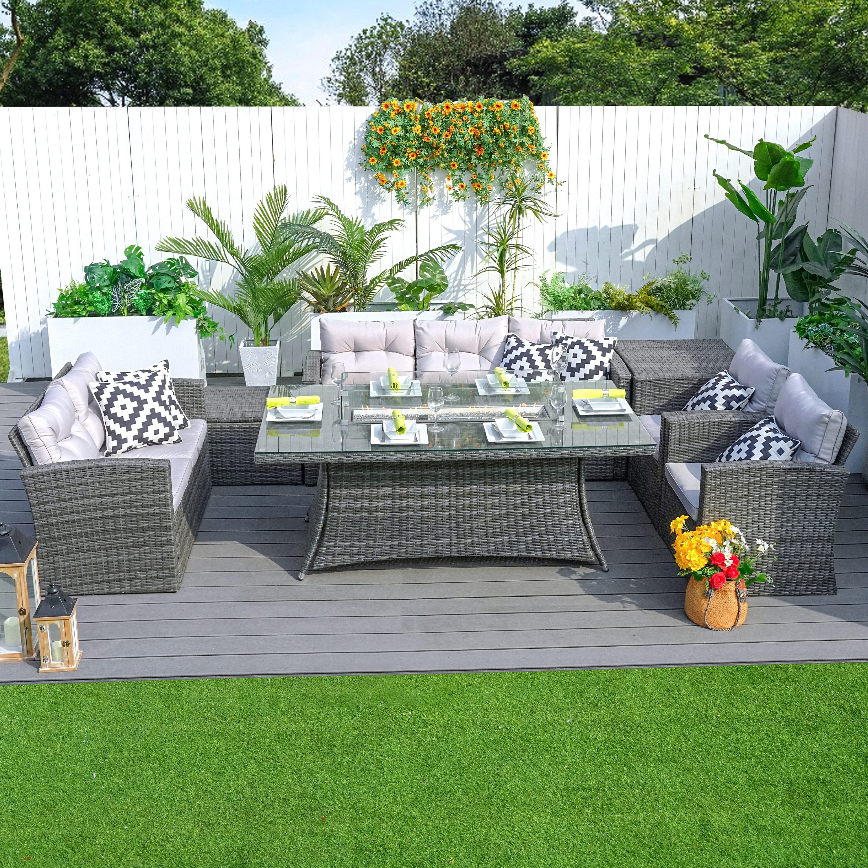 Moda Furnishings 1106R-1503-GR 7 -Piece Wicker Patio Sofa Conversation Set with Gray Cushions