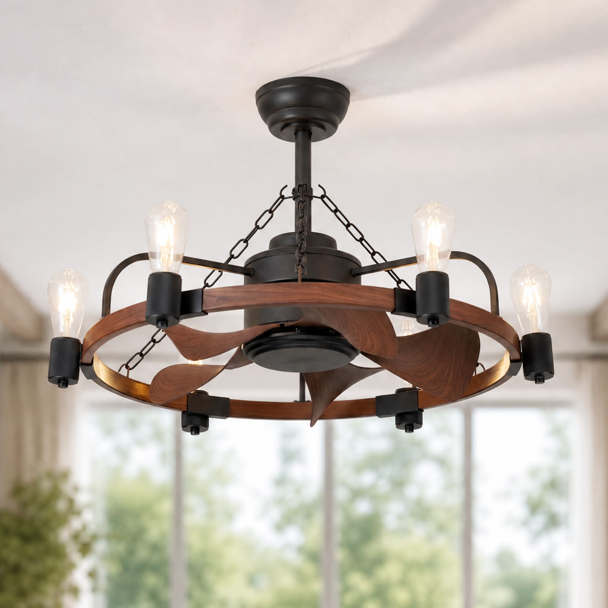 kanslol 28-in Wagon Wheel Chandelier Matte Black with Walnut Blades Fandelier Ceiling Fan With Light and Remote Control Included 5 -Blade