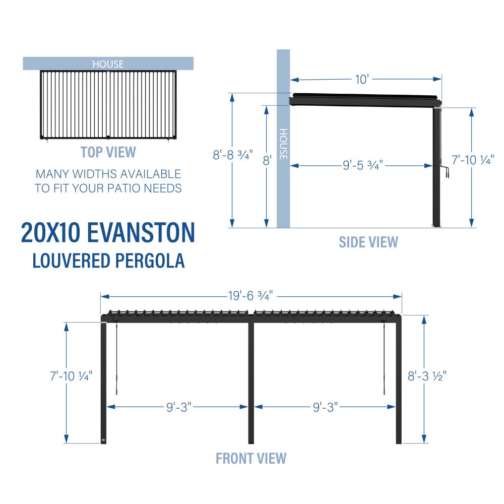 Evanston Black Galvanized Steel Wall-Mounted Pergola with Adjustable Roof