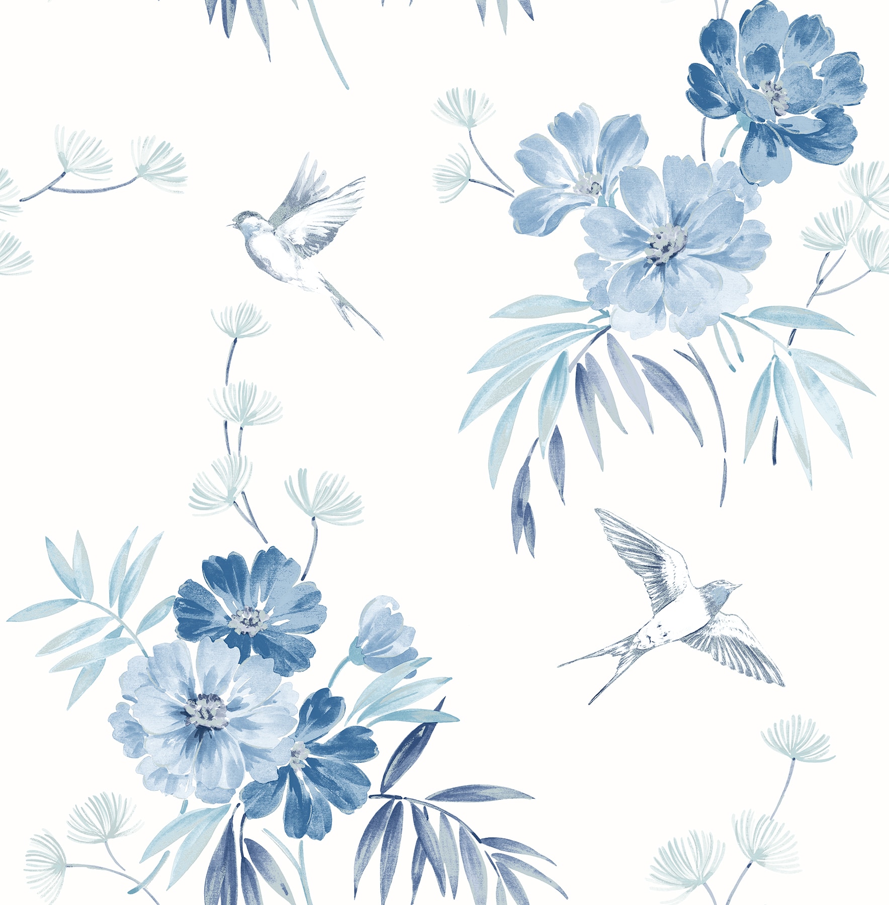 Simply Farmhouse Folksy Floral Wallpaper  Blue  White  US Wall Decor
