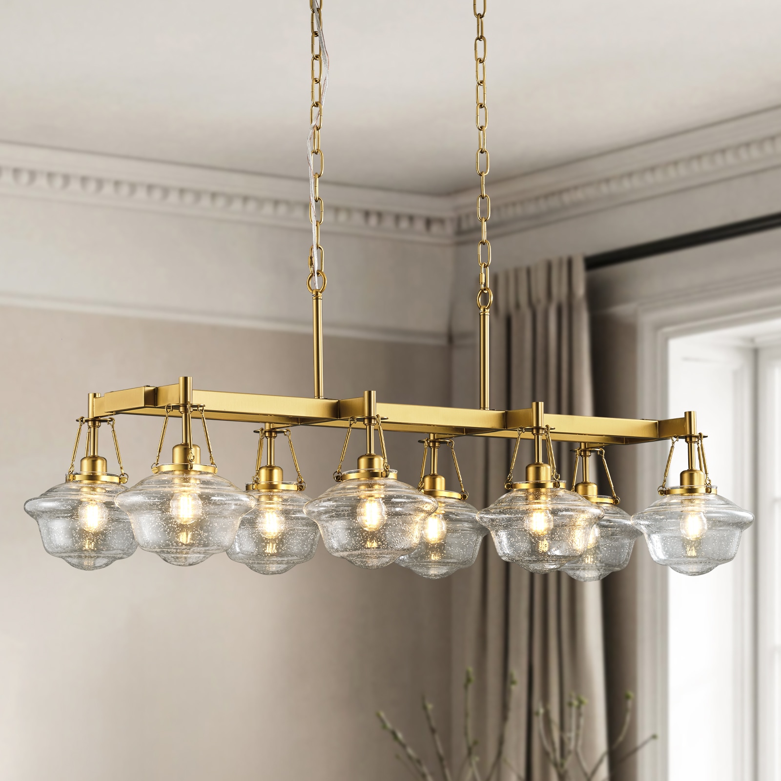 Gleam Flare 8 Light Antique Gold Linear Kitchen Island Chandelier  Farmhouse Bubble Glass Rectangular Pendant Light Fixture Adjustable Hanging Linear Dining Room Light for Kitchen Island Dining Table Bar Counter