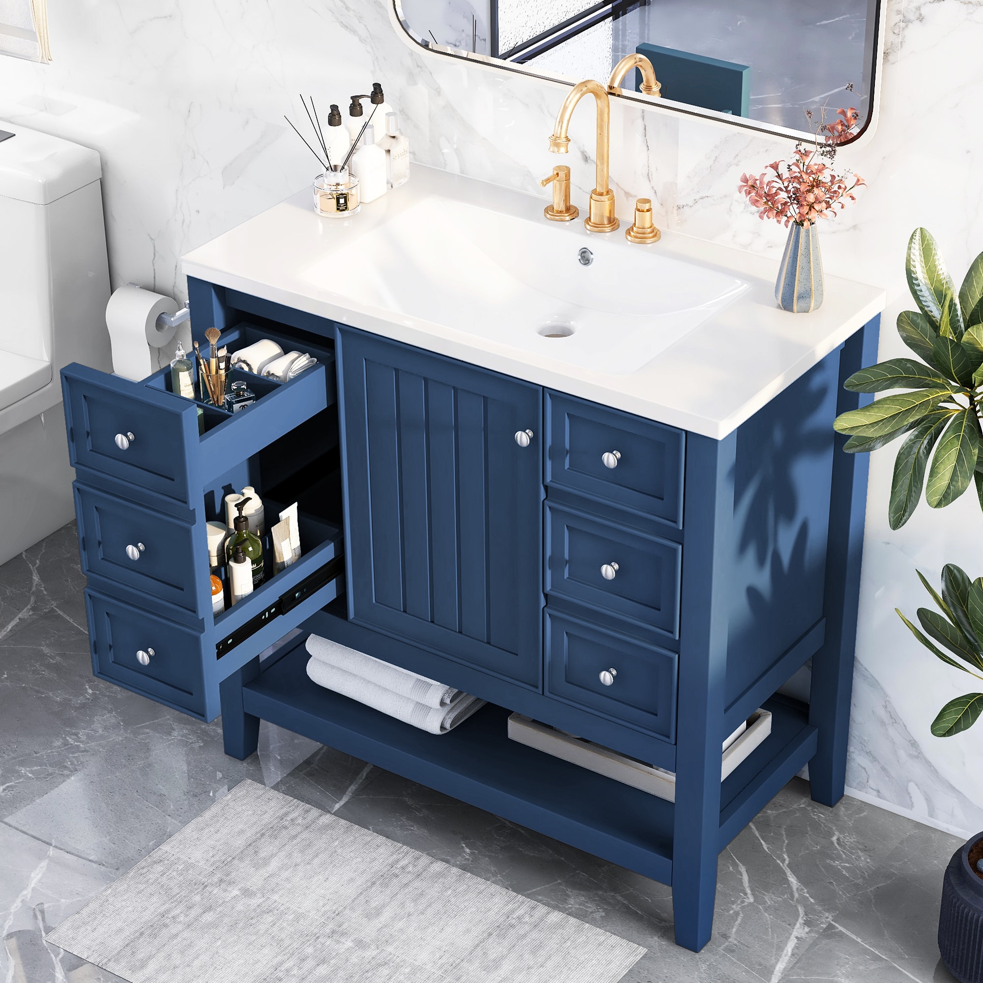 ModernLuxe L3P-SY999505AAC-6 36inch Bathroom Vanity with Sink Combo One Cabinet and Three Drawers Solid Wood and MDF Board Blue