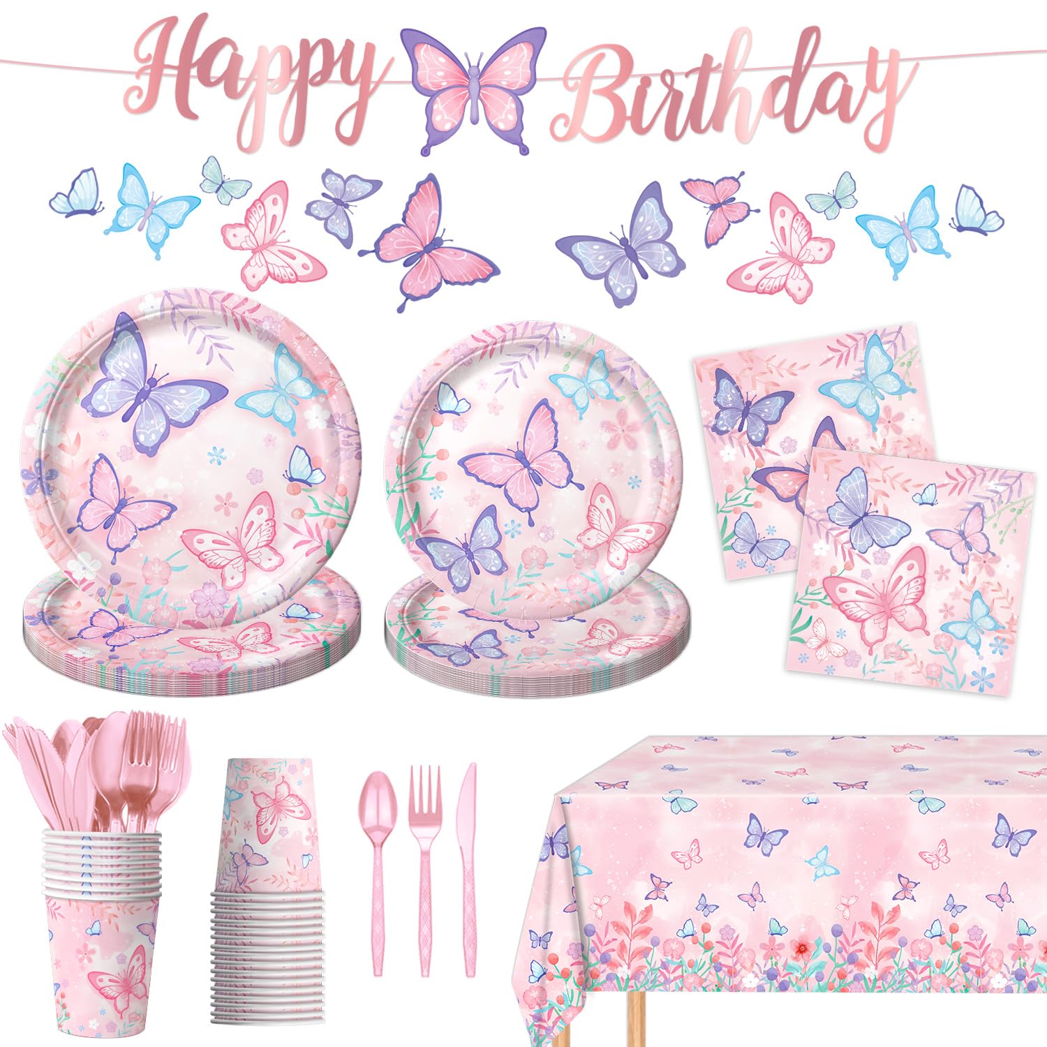 178 Piece Butterfly Birthday Party Kit with 25 Plates 25 Cups 25 Napkins 25 Cutlery Tablecloth Banner Hanging Swirl 54 x 108 in #LMS0106T39