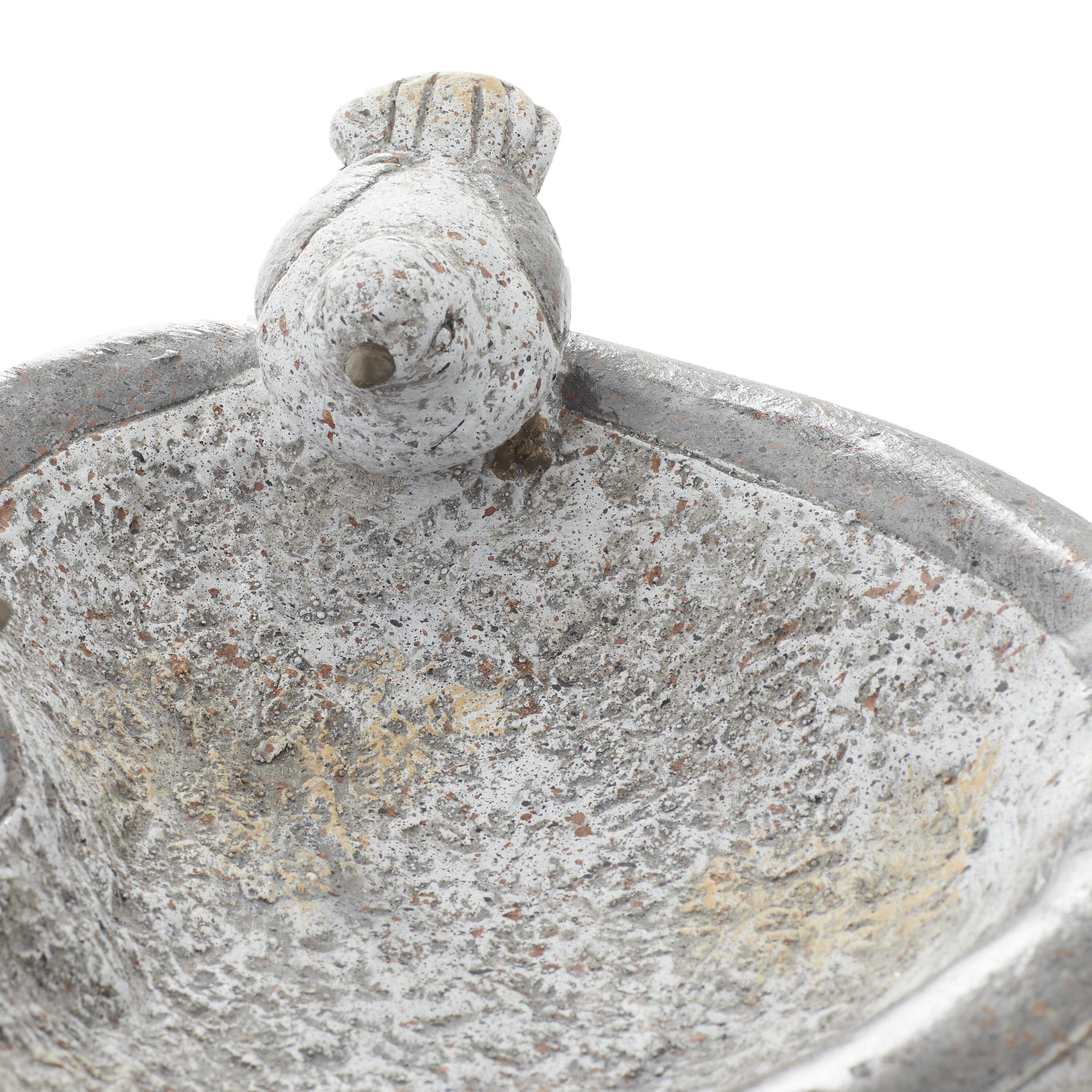 Gray Polystone Bird Garden Sculpture with Bath Bowl