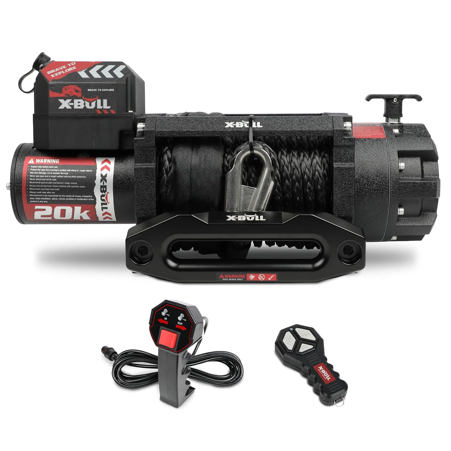 X-BULL 20000 lb Capacity 12V Electric Winch Kit with Synthetic Rope Wireless Remote and Corded Control IP68 Waterproof Hawse Fairlead Included