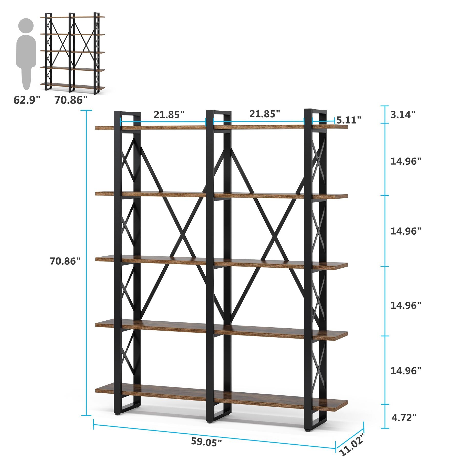 Tribesigns Brown Metal 5-Shelf Double Bookcase (59.05-in W x 70.86-in H ...