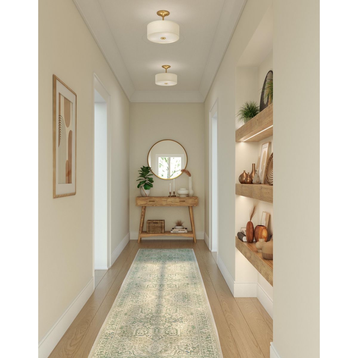 Satin Brass Semi-Flush Mount with Linen Shade