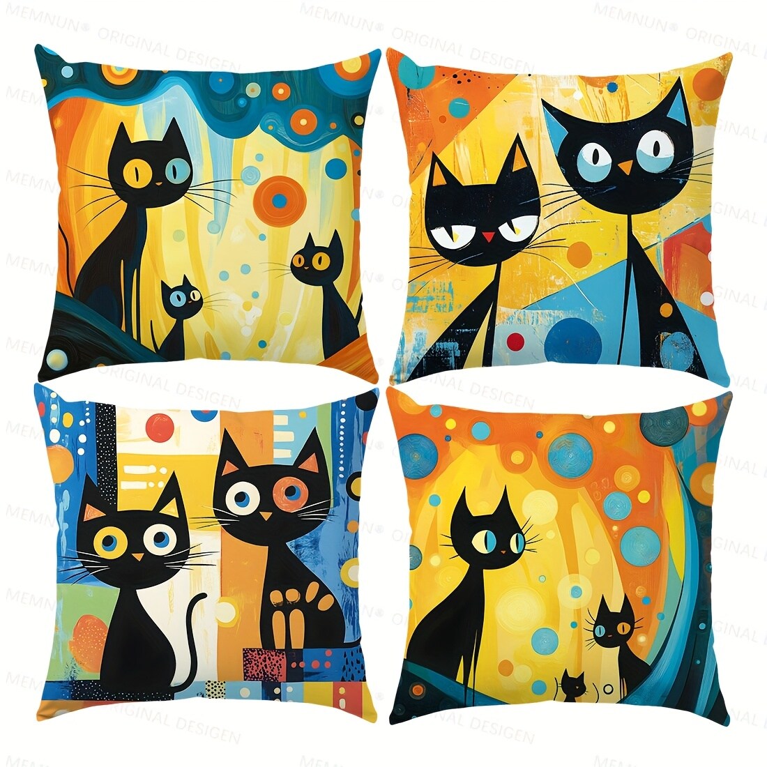 DecorUHome PCYE4P 17.7x17.7 Inch Abstract Geometric Black Cat Throw Pillow Covers Set of 4 Polyester Hidden Zipper Single Side Print for Sofa Bed Living Room Outdoor