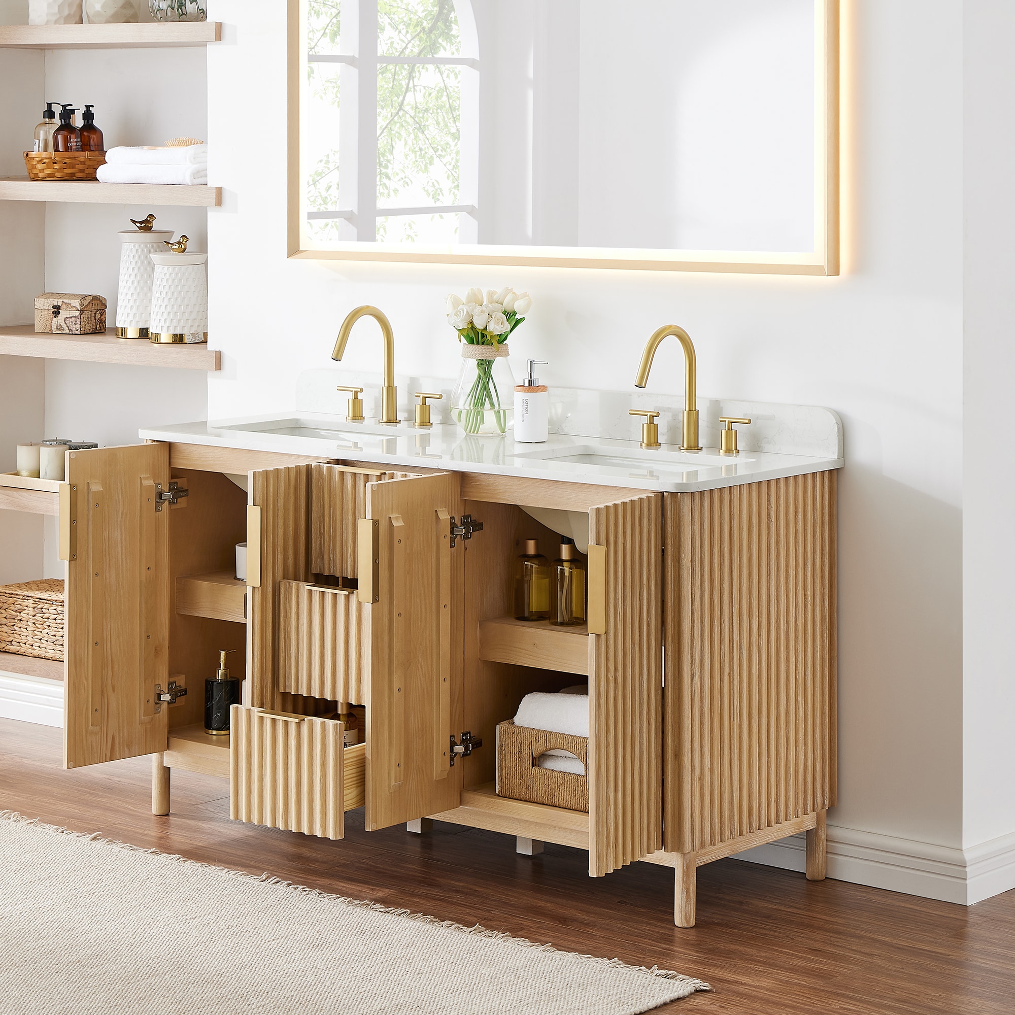 Sierra 60" Washed Light Brown Double Vanity with Engineered Stone Top