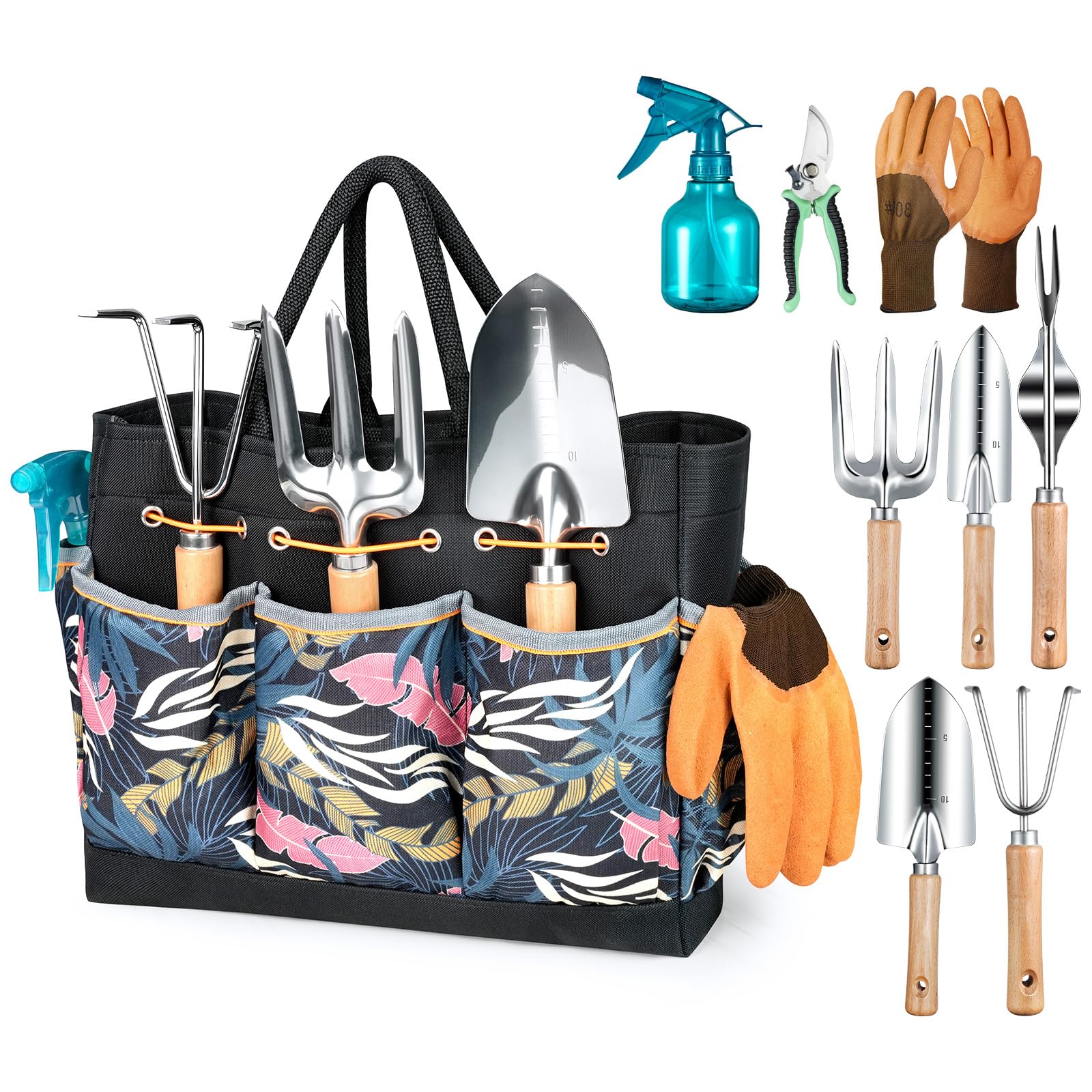 Wudkey 9-Piece Black Garden Tool Set with Heavy-Duty Rust-Proof Tools and Fashion Storage Tote Bag for Home Gardening