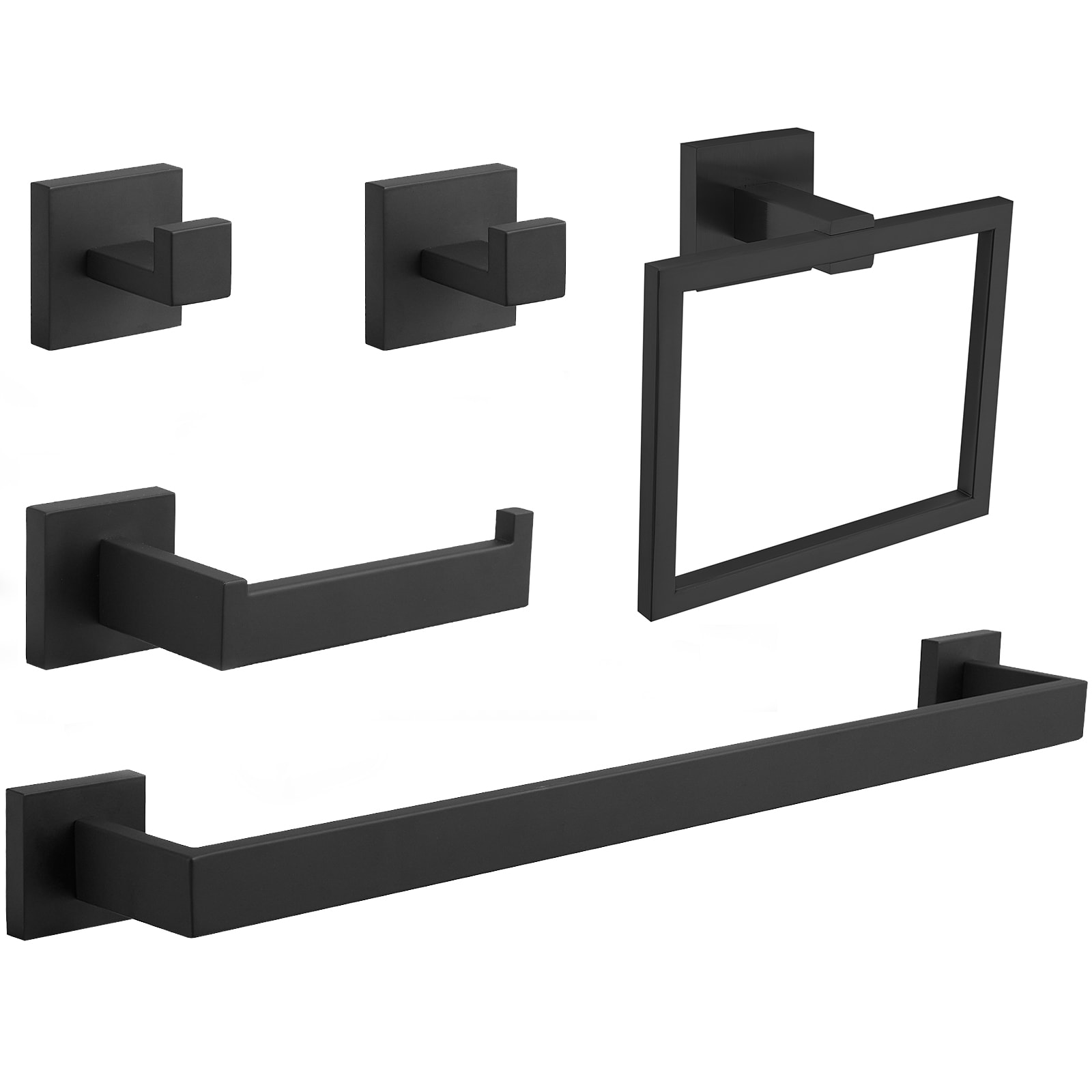 BWE A-91012-S-B-2 5 -Piece Abyssal Hush Matte Black Decorative Bathroom Hardware Set Towel Bar, Toilet Paper Holder, Towel Ring ,Robe Hook Included