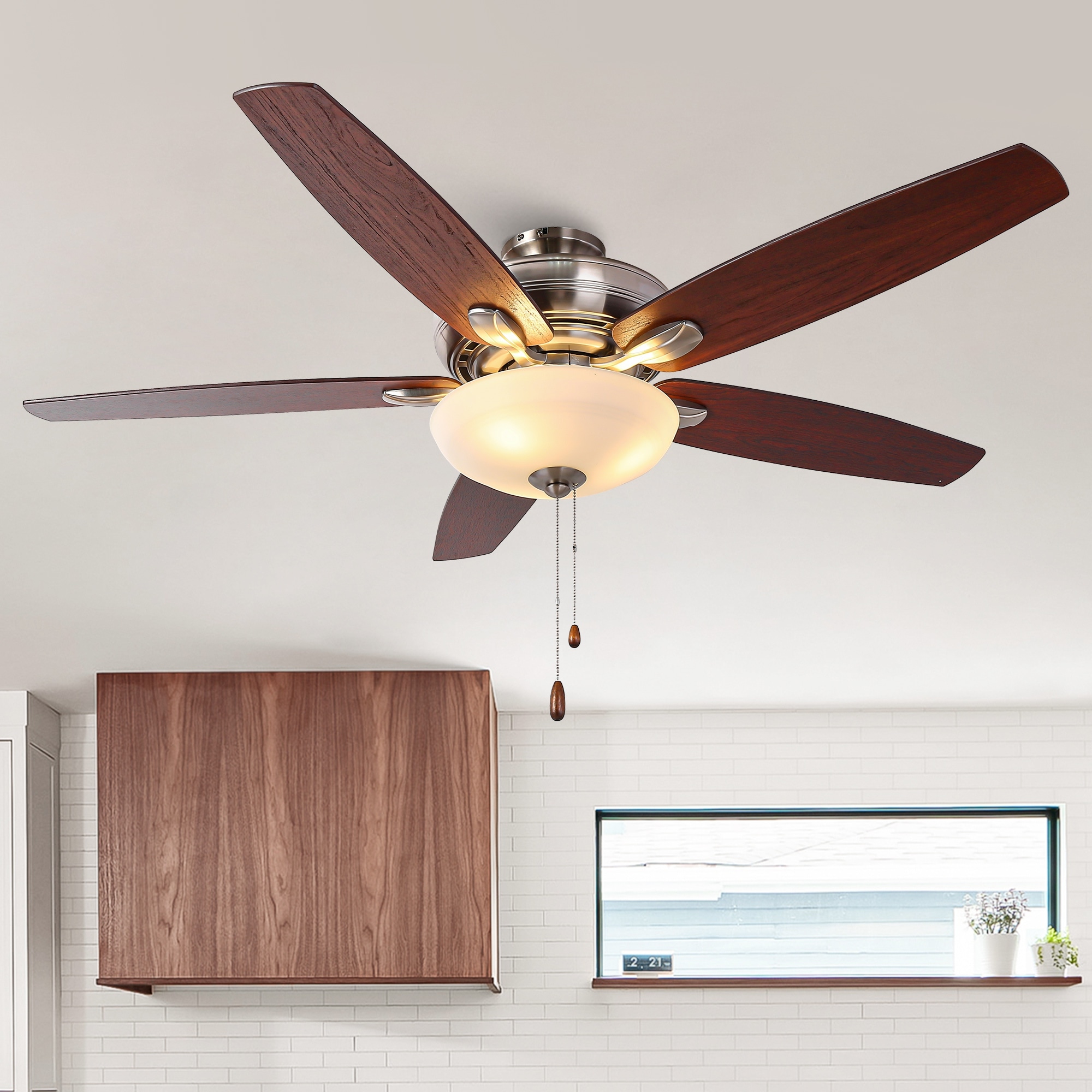 Matrix Decor CF717BS02 52-in Downrod or Flush Mount Polished Nickel with Walnut/Dark Cherry Blades Ceiling Fan With Light ( 5 -Blade )