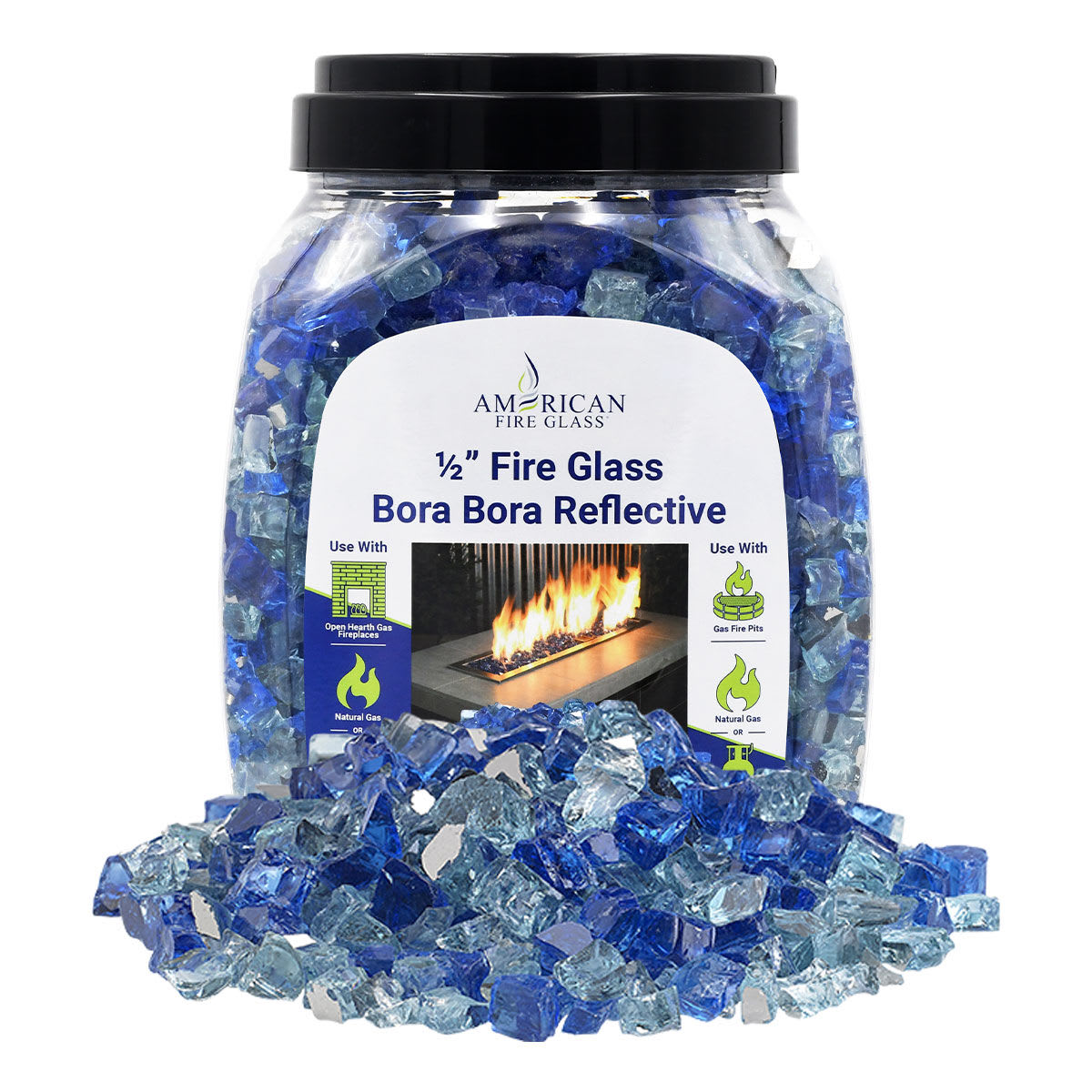 American Fire Glass - Fire Glass - 1/2-in Bora Bora Reflective - 10-lb Jar for Gas Fire Pits and ...