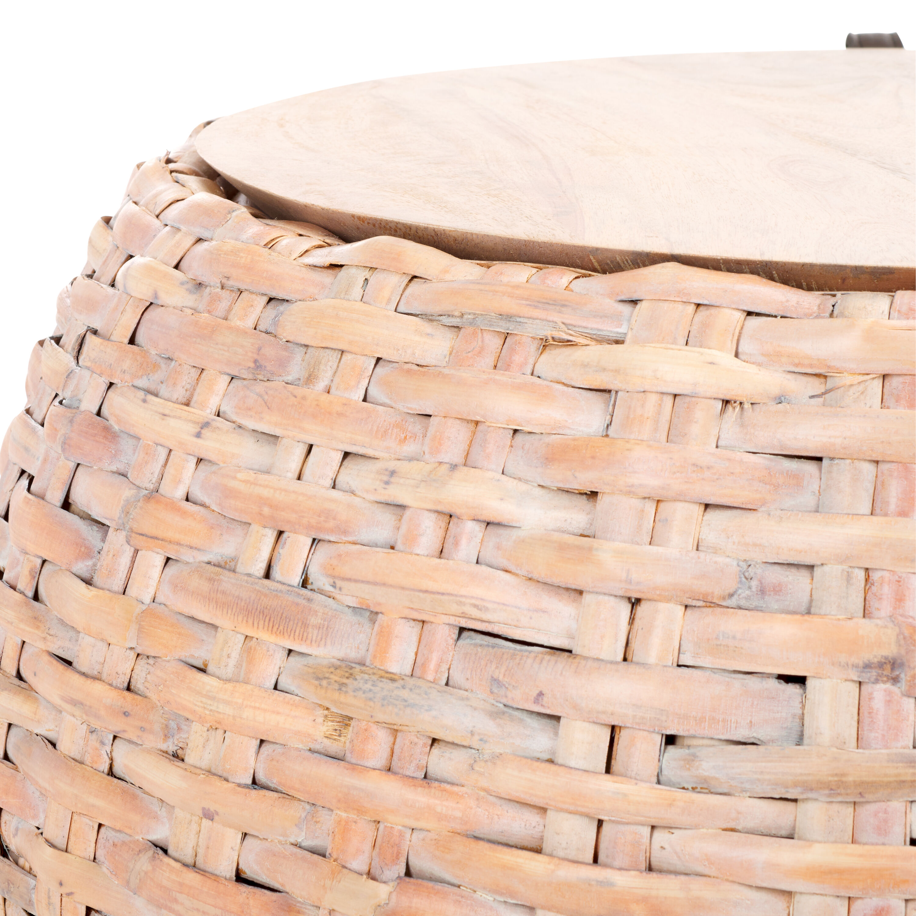 Natural White Wash Wood and Rattan Round Coffee Table