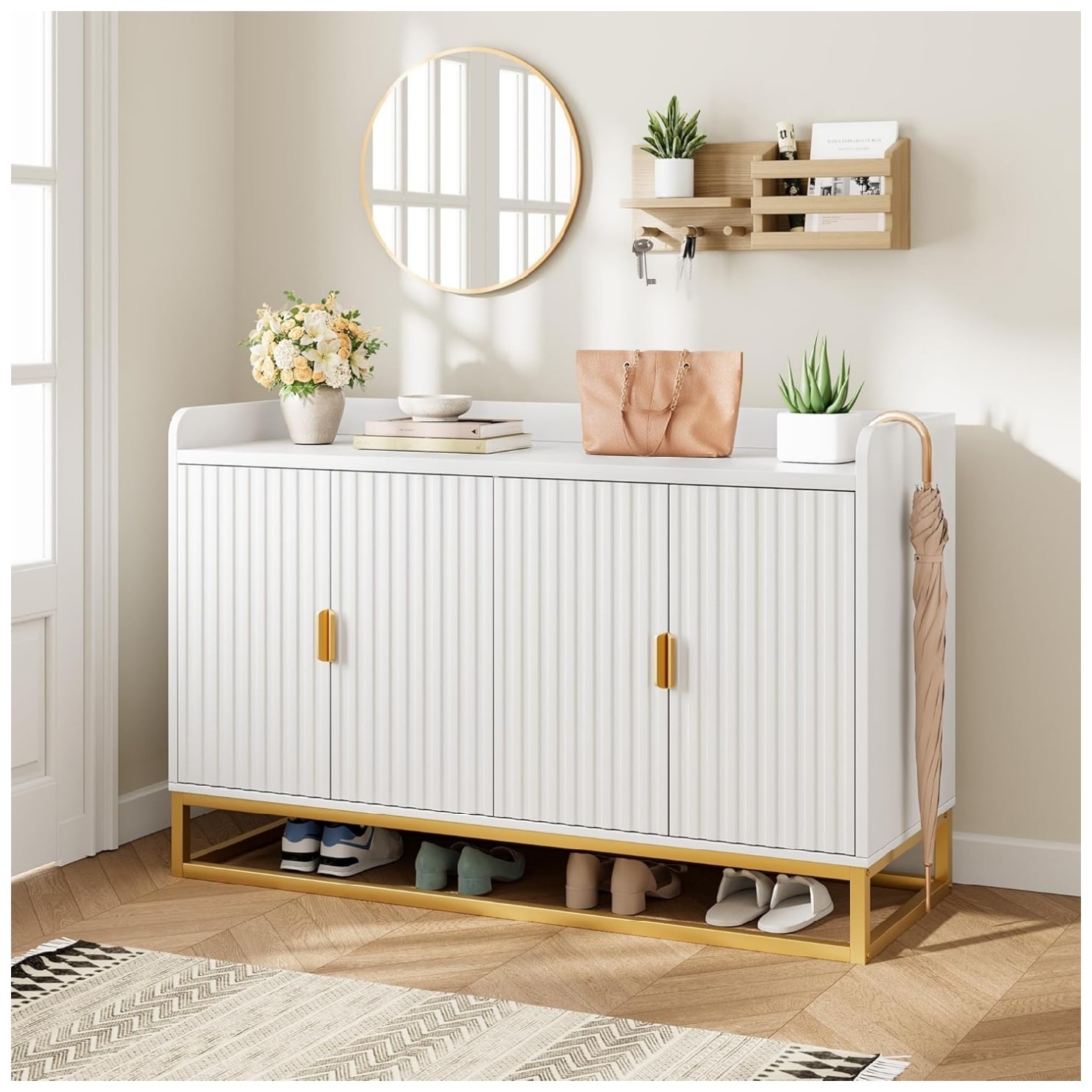 Garvee Buffet Cabinet with Storage Accent Sideboard with 4 Doors Wide Fluted Credenza Modern Buffet Table Media Console Cabinet Entryway Cabinets for Living Room Kitchen Dining Room Hallway