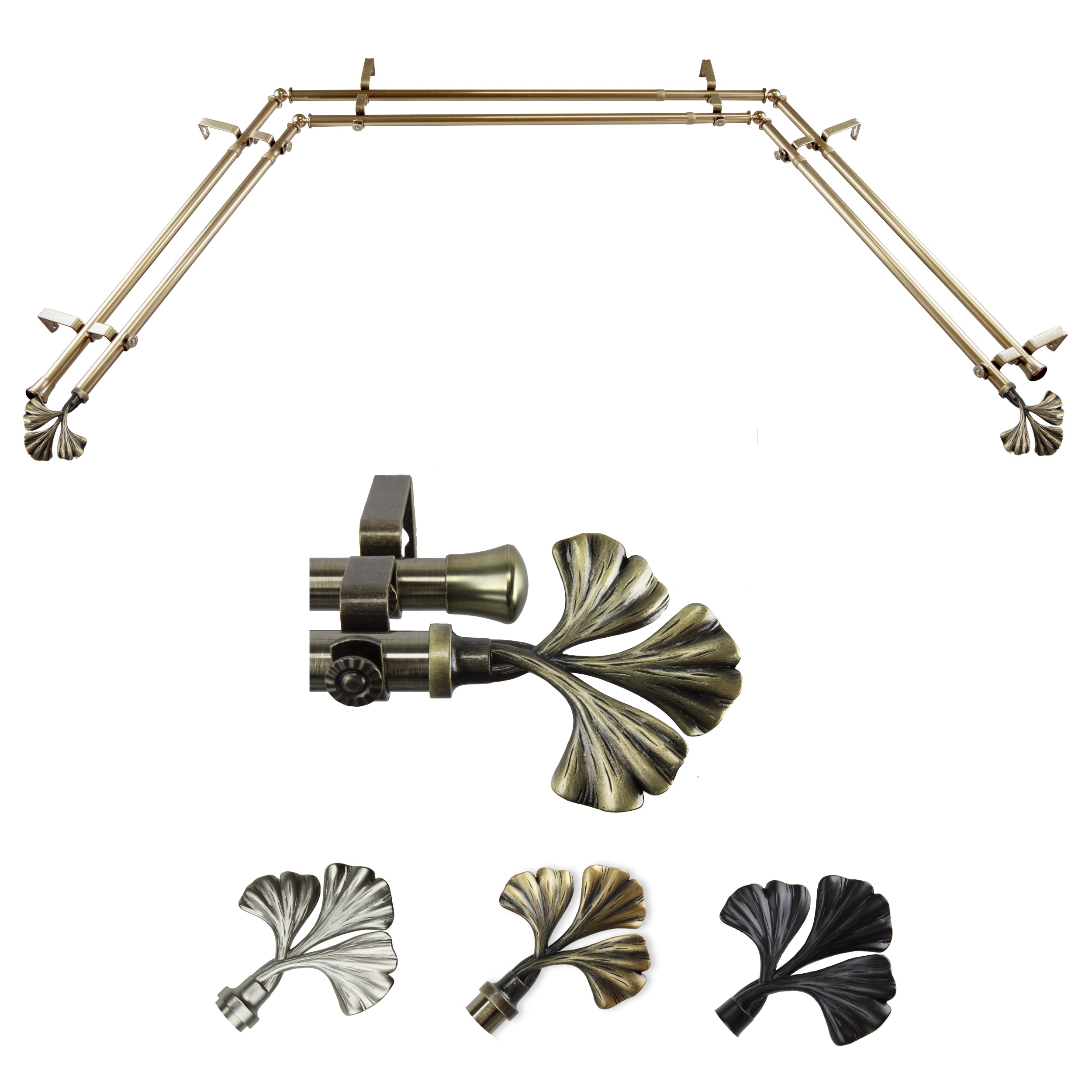 Hart & Harlow LO-ABAY-72-4D 72-in to 144-in Antique Brass Steel Bay window curtain rod with Finials