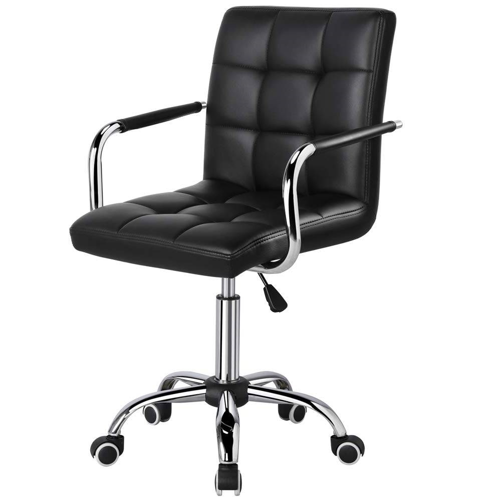 Slickblue D-FR-BMDHETU747842 Single Black Computer Chair - Black Chrome Modern Ergonomic Adjustable Height Swivel PU Leather Chair with Removable Armrests for Home Office
