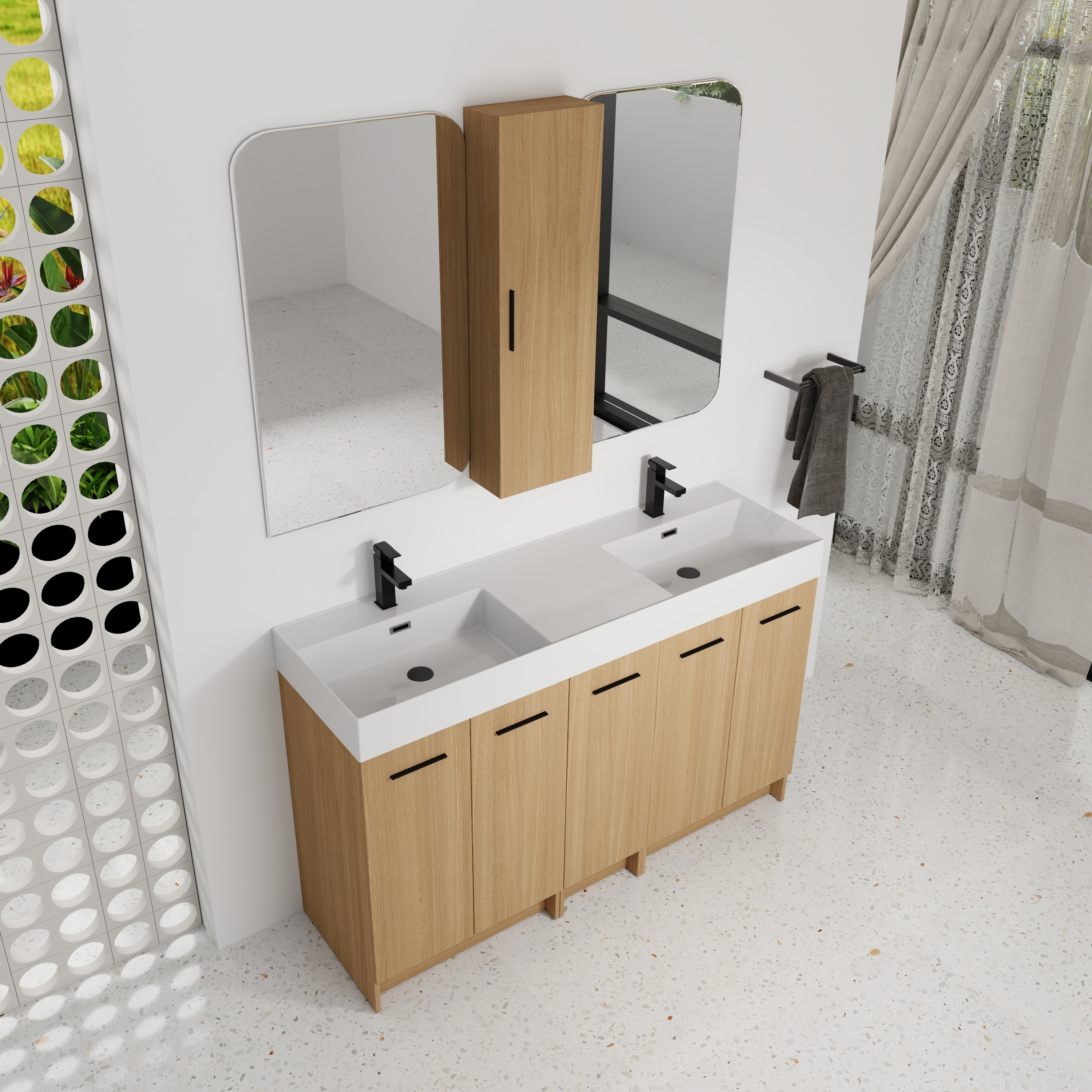 ZAKLOOP 60 Double Sink Bathroom Vanity Set with Tall Linen Cabinet Large Storage Integrated Resin Sink Light Oak Freestanding
