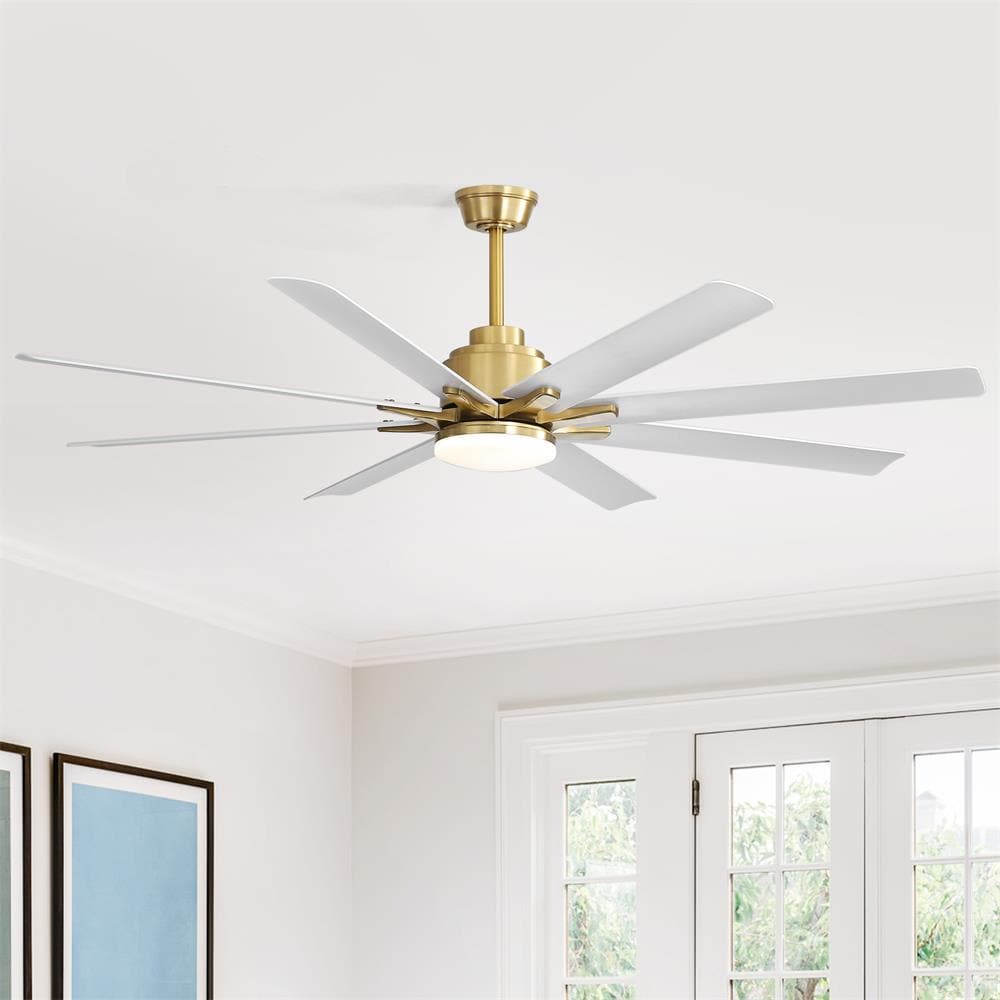 Sofucor LW-66K002SMTY-BG 66 inch Gold Modern Downrod White 8 Blades LED Ceiling Fan Light with Intelligent Remote Control and Timing Function
