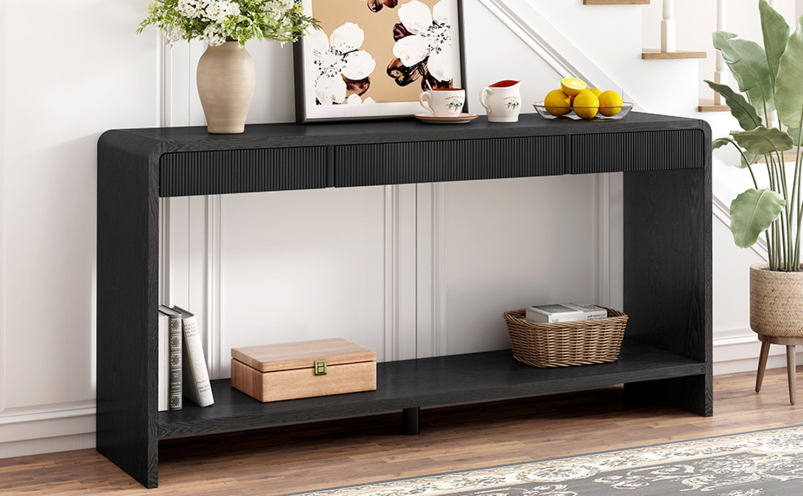 CHITA Modern Solid Wood Console Table with 3 Drawers Curved Edge Design ...