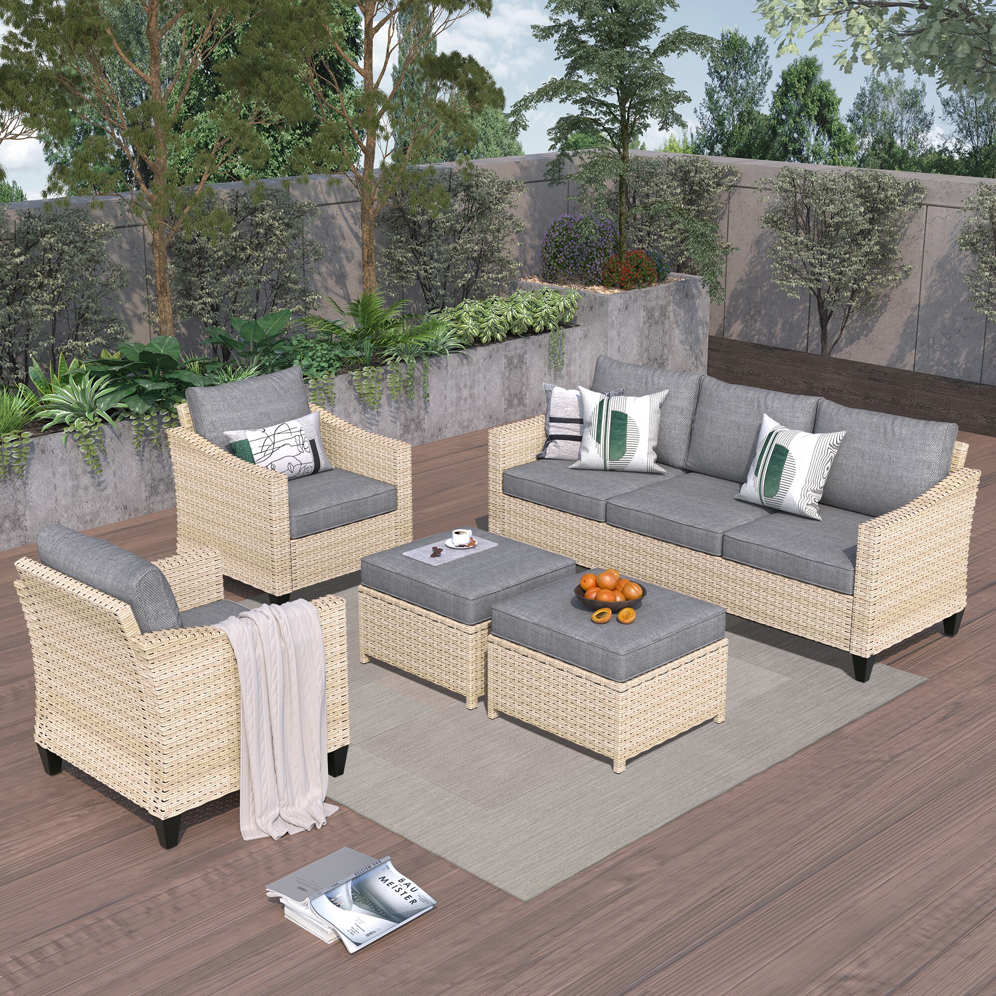 XIZZI XIDAR2052 Aries 5 -Piece Rattan Patio Sofa Conversation Set with Gray Dark Gray Cushions