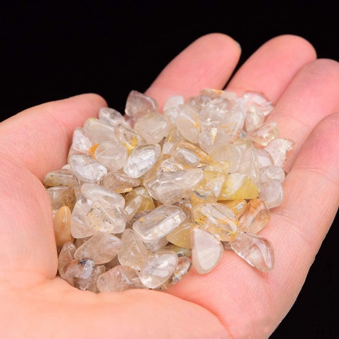 Etokfoks  Natural Rutilated Quartz Tumbled Stones 0 5 lb Pack 0 27 to 0 55 in Polished Irregular Chips for Crafts and Decor