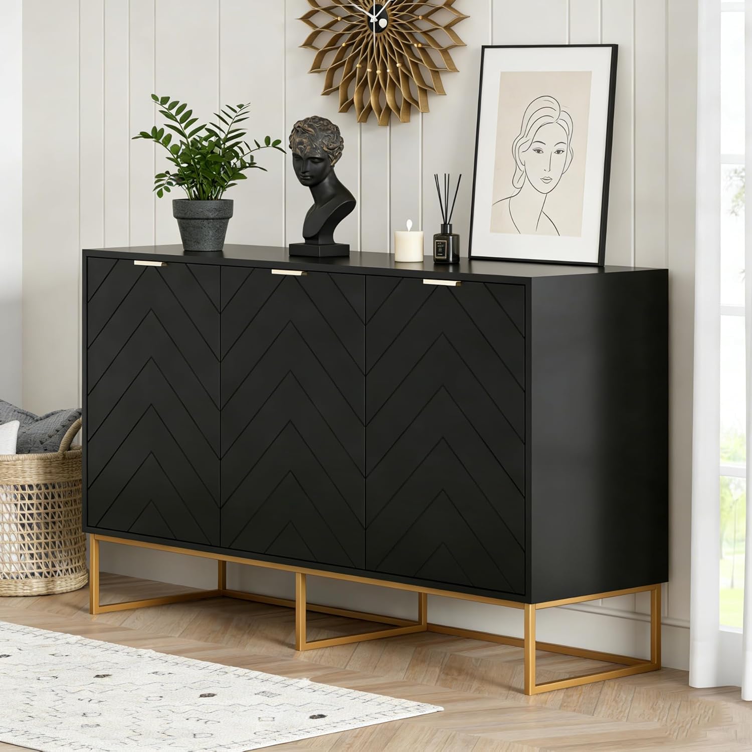 Garvee 47Inch Modern Sideboard Buffet Cabinet with Storage Wood Accent Storage Cabinet with Doors and Adjustable Shelf Console Table for Dining Room Living Room Hallway Entryway